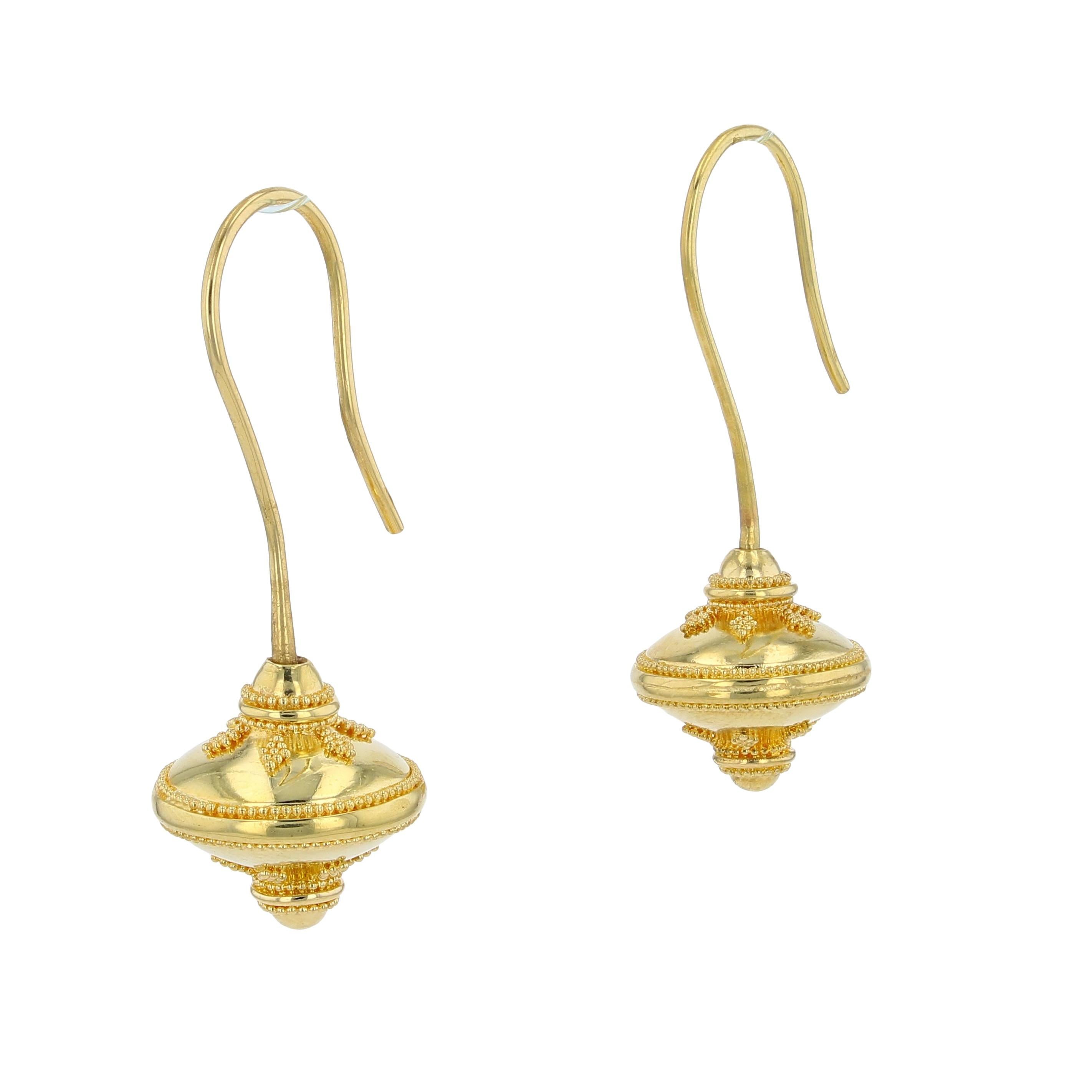 Artisan Kent Raible 18k Gold Flying Saucers Drop Dangle Earrings with Granulation For Sale