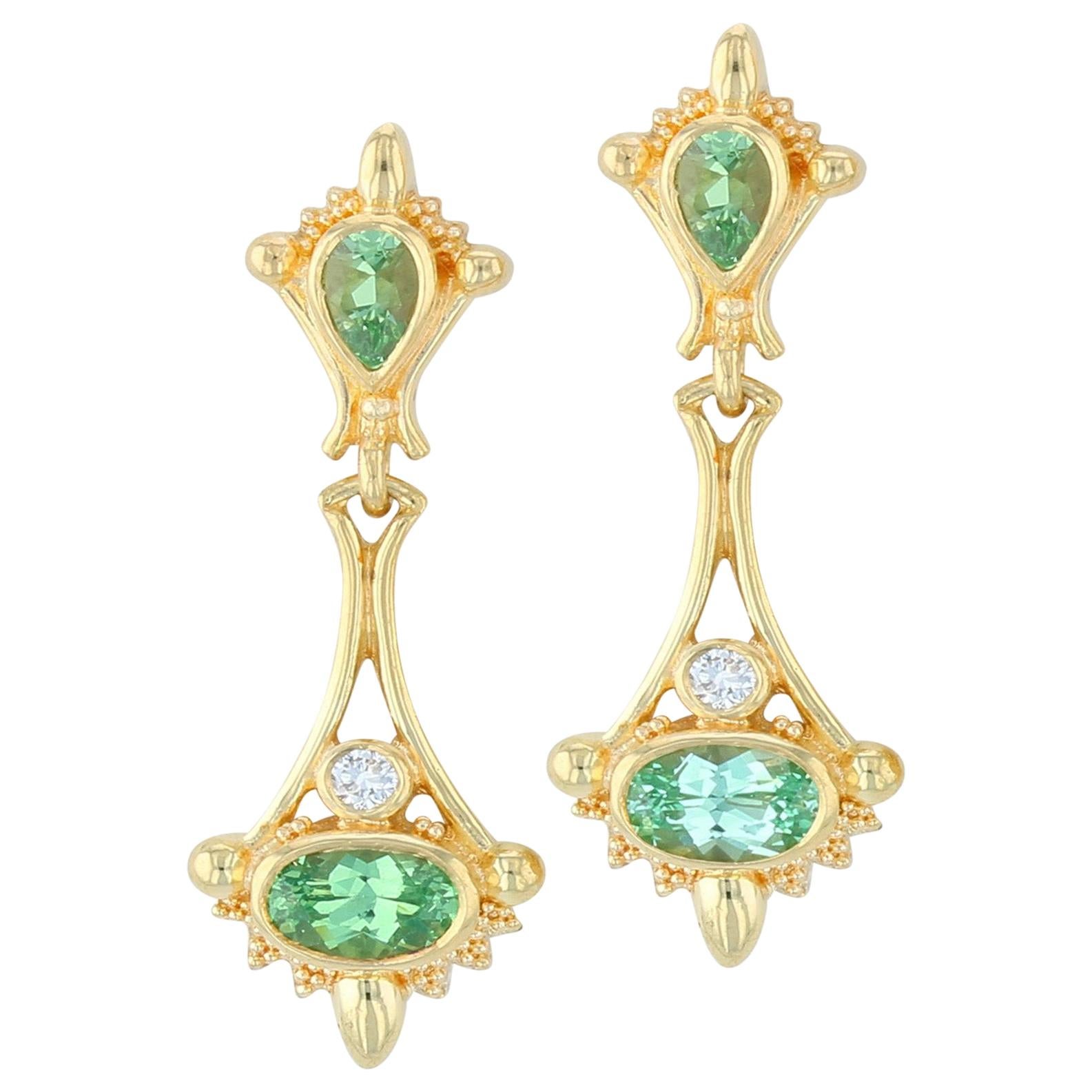 Kent Raible 18K Gold Green Garnet, Diamond Drop Earrings with Fine Granulation