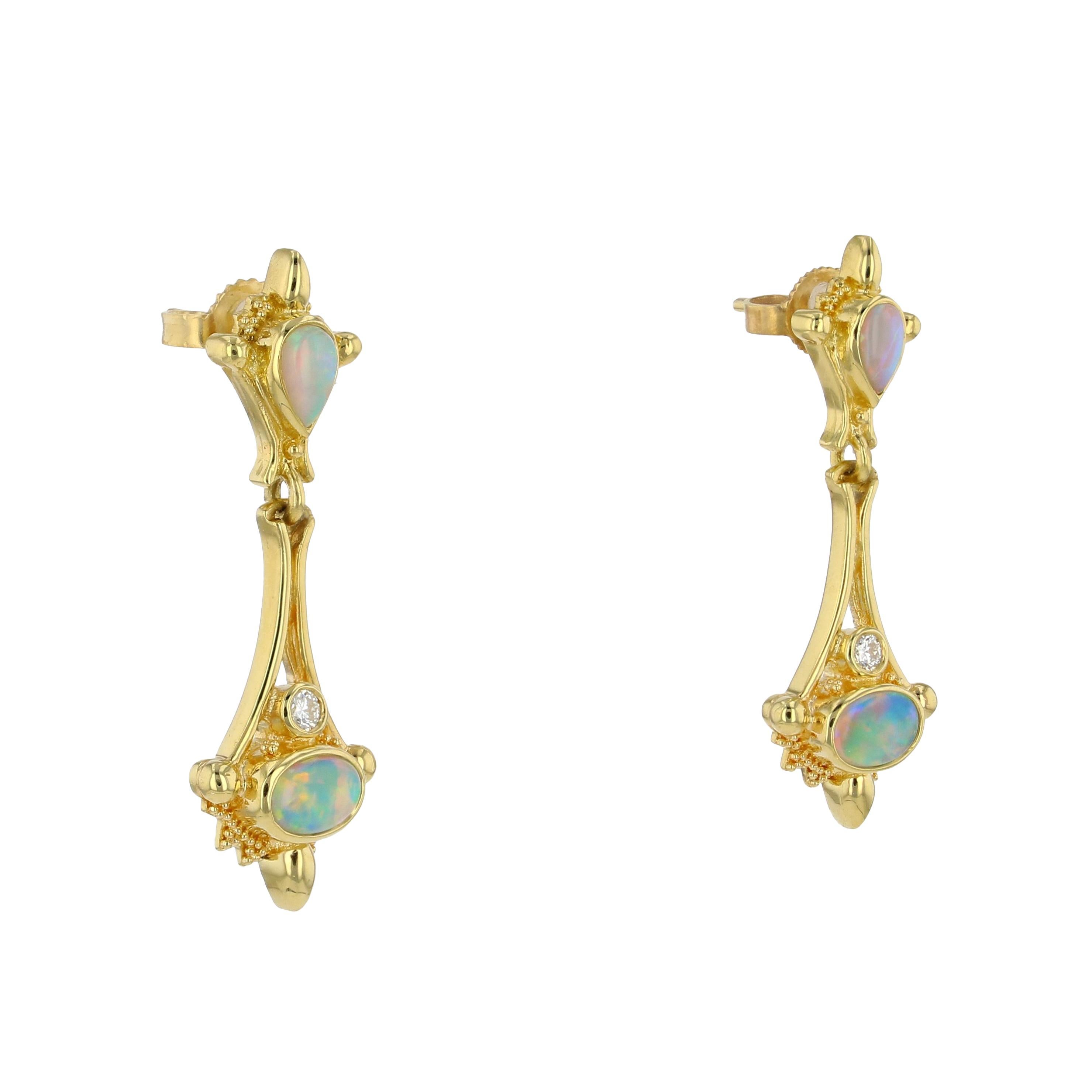 Artisan Kent Raible 18K Gold Opal and Diamond Drop Earrings with Fine Granulation For Sale