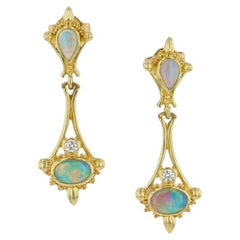 Antique Kent Raible 18K Gold Opal and Diamond Drop Earrings with Fine Granulation