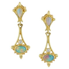 Kent Raible 18K Gold Opal and Diamond Drop Earrings with Fine Granulation