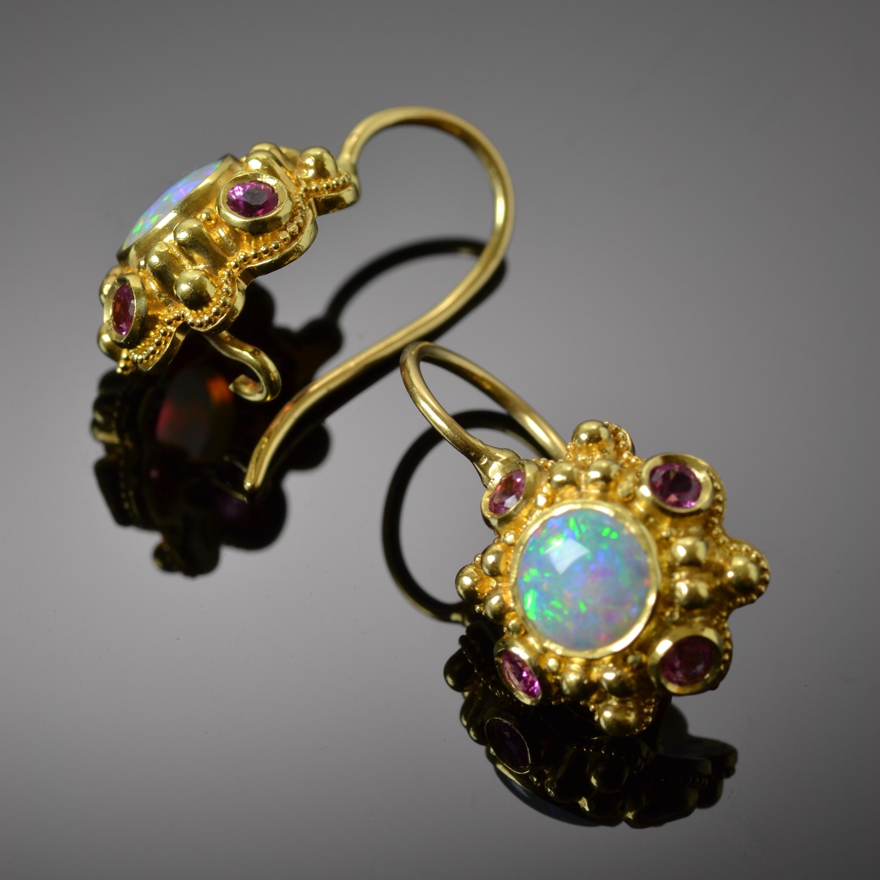 Contemporary Kent Raible 18 Karat Gold Opal and Pink Sapphire Drop Earrings with Granulation