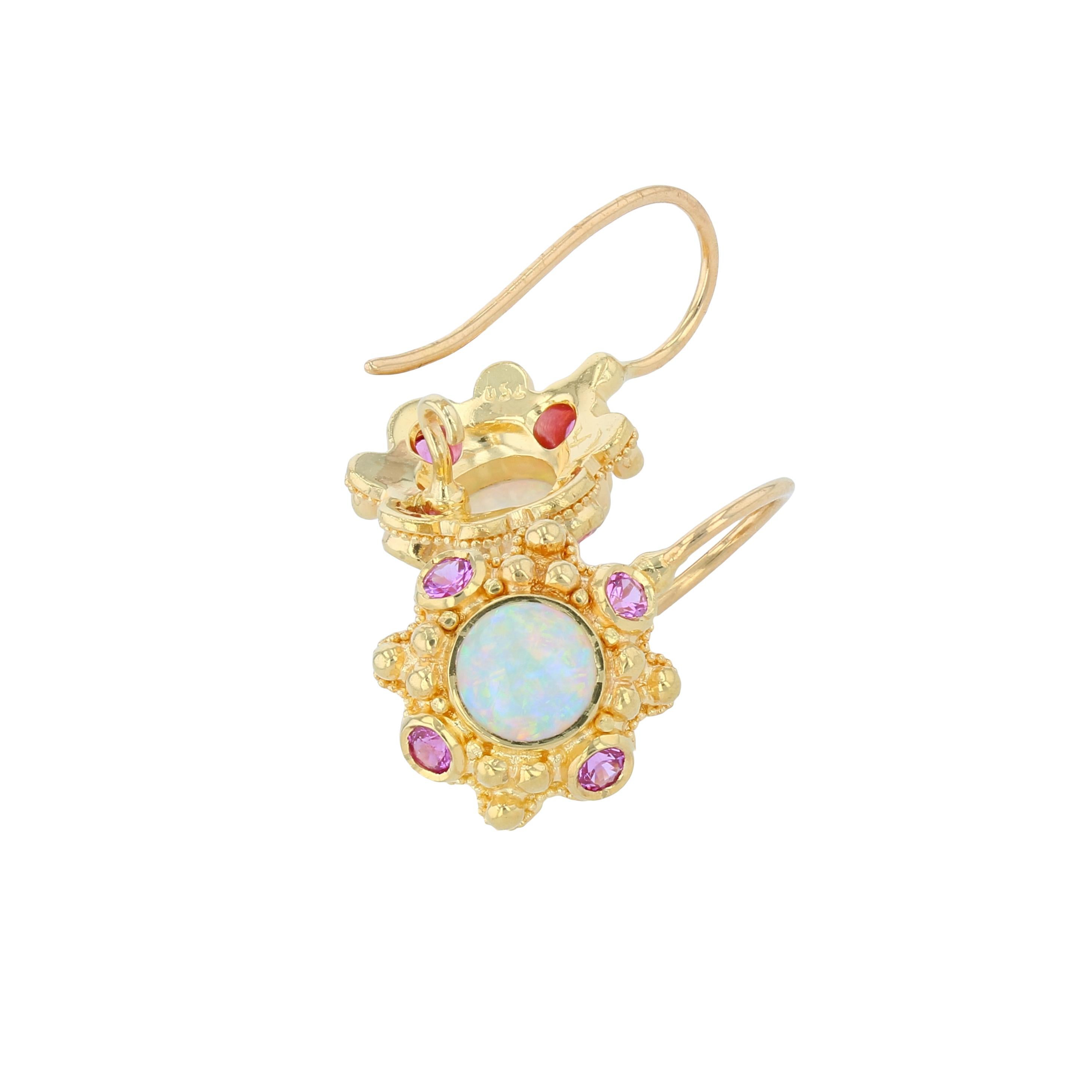 Kent Raible 18 Karat Gold Opal and Pink Sapphire Drop Earrings with Granulation 1