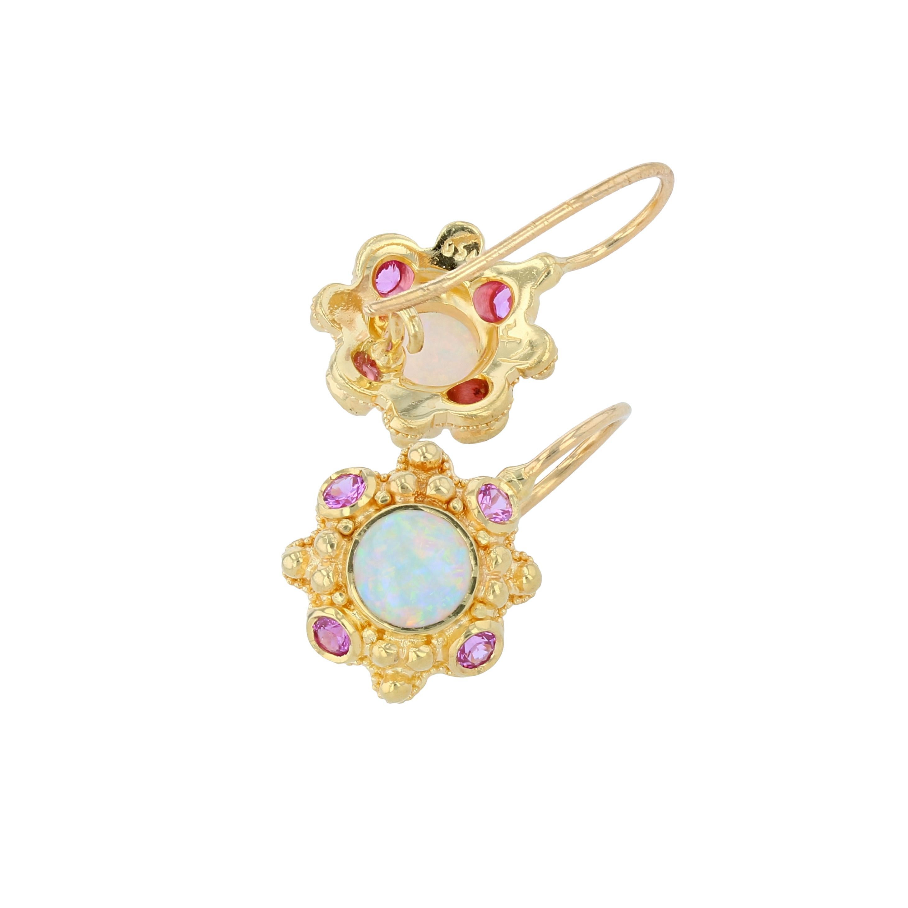 Kent Raible 18 Karat Gold Opal and Pink Sapphire Drop Earrings with Granulation 2