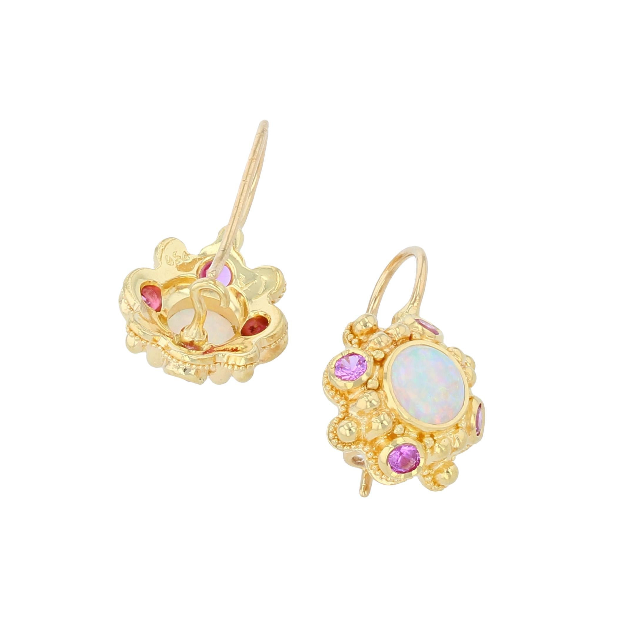 Kent Raible 18 Karat Gold Opal and Pink Sapphire Drop Earrings with Granulation 3