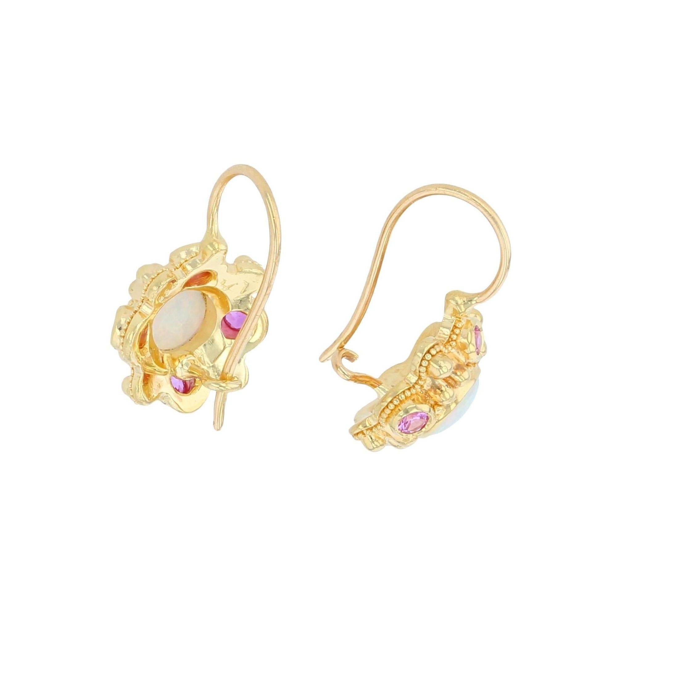 Kent Raible 18 Karat Gold Opal and Pink Sapphire Drop Earrings with Granulation 4