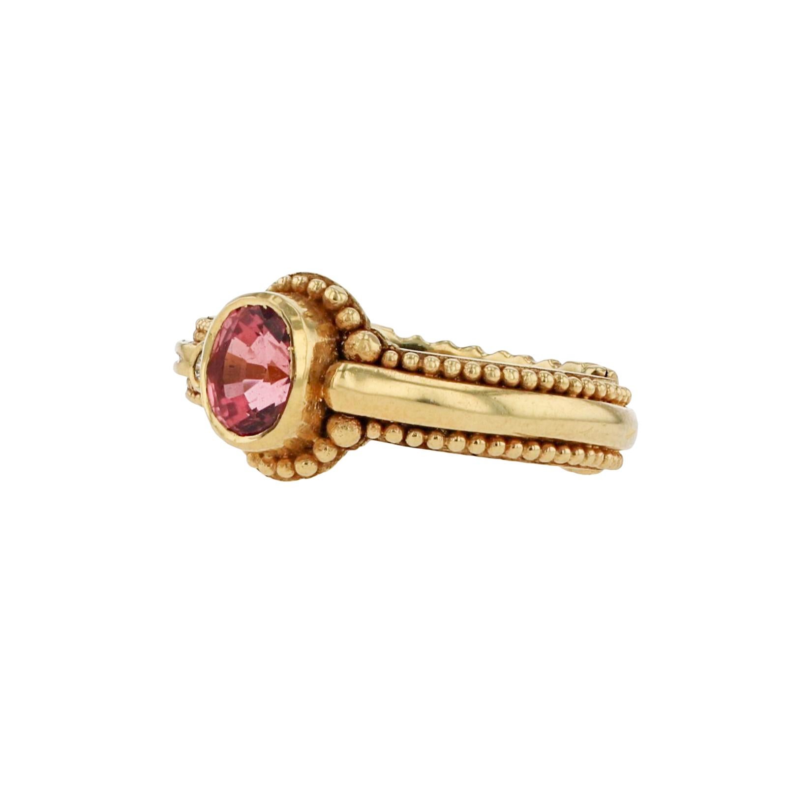 Artisan Kent Raible 18k Gold, Pink Tourmaline and Diamond Ring with Gold Granulation For Sale