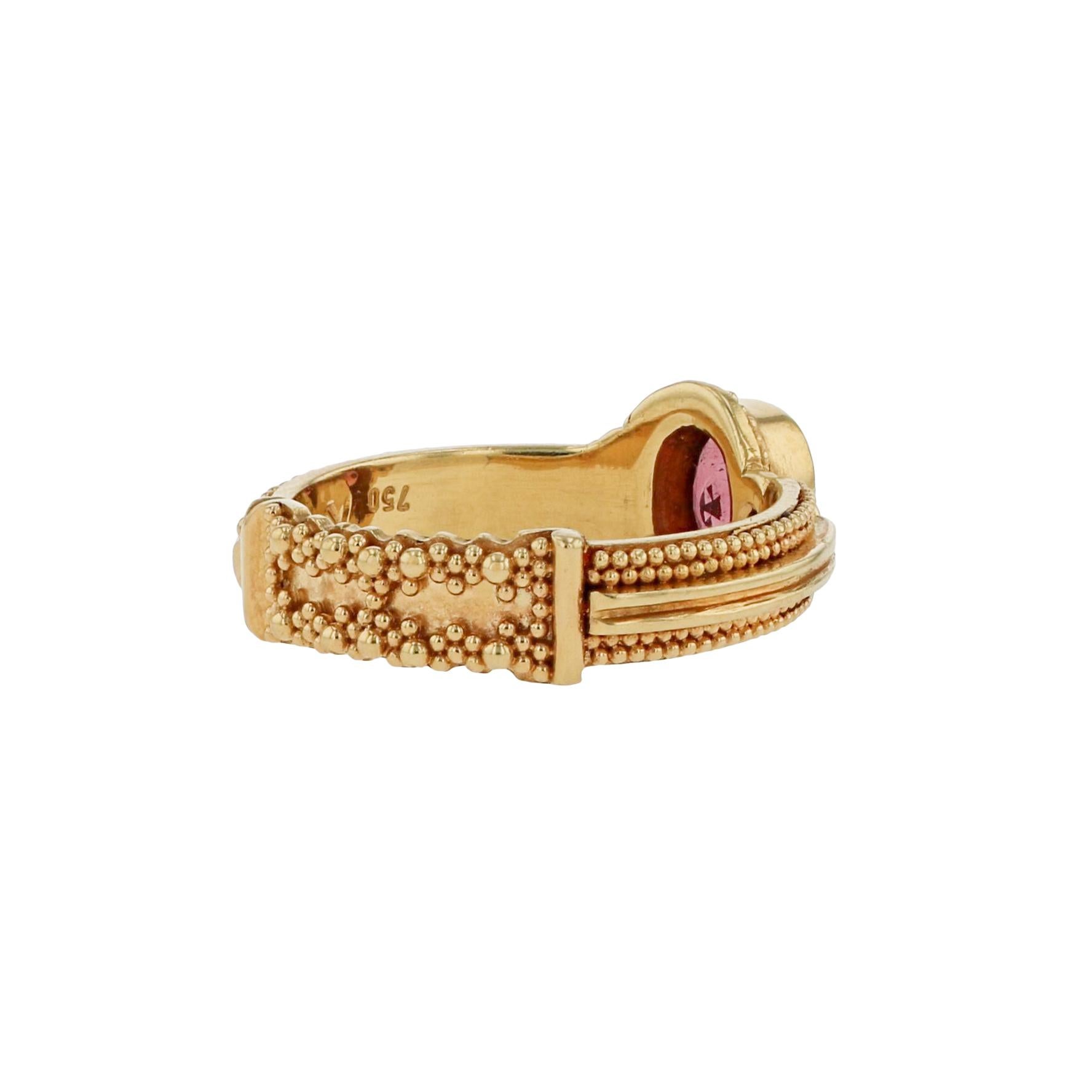 Mixed Cut Kent Raible 18k Gold, Pink Tourmaline and Diamond Ring with Gold Granulation For Sale