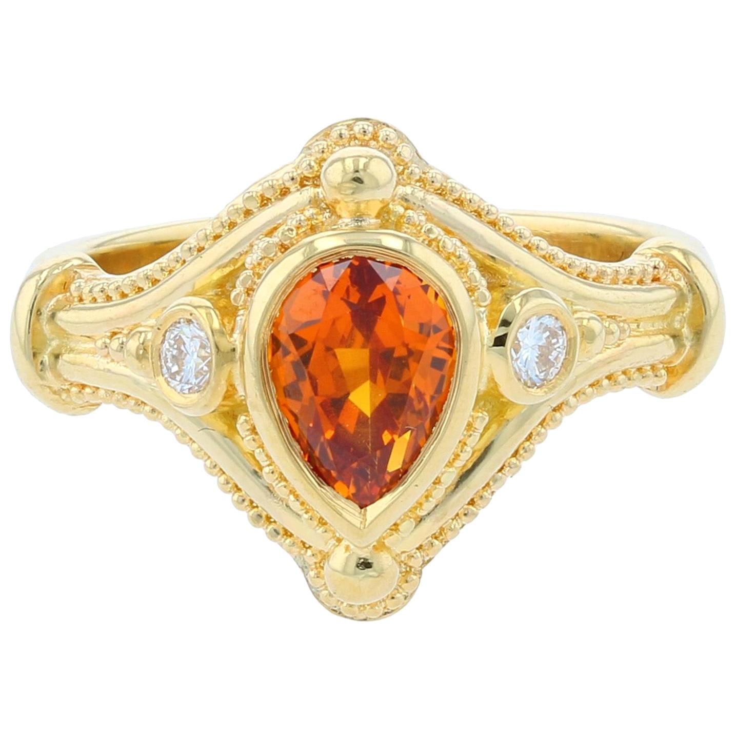 Kent Raible 18k Gold Sapphire and Diamond Three-Stone Ring with Granulation