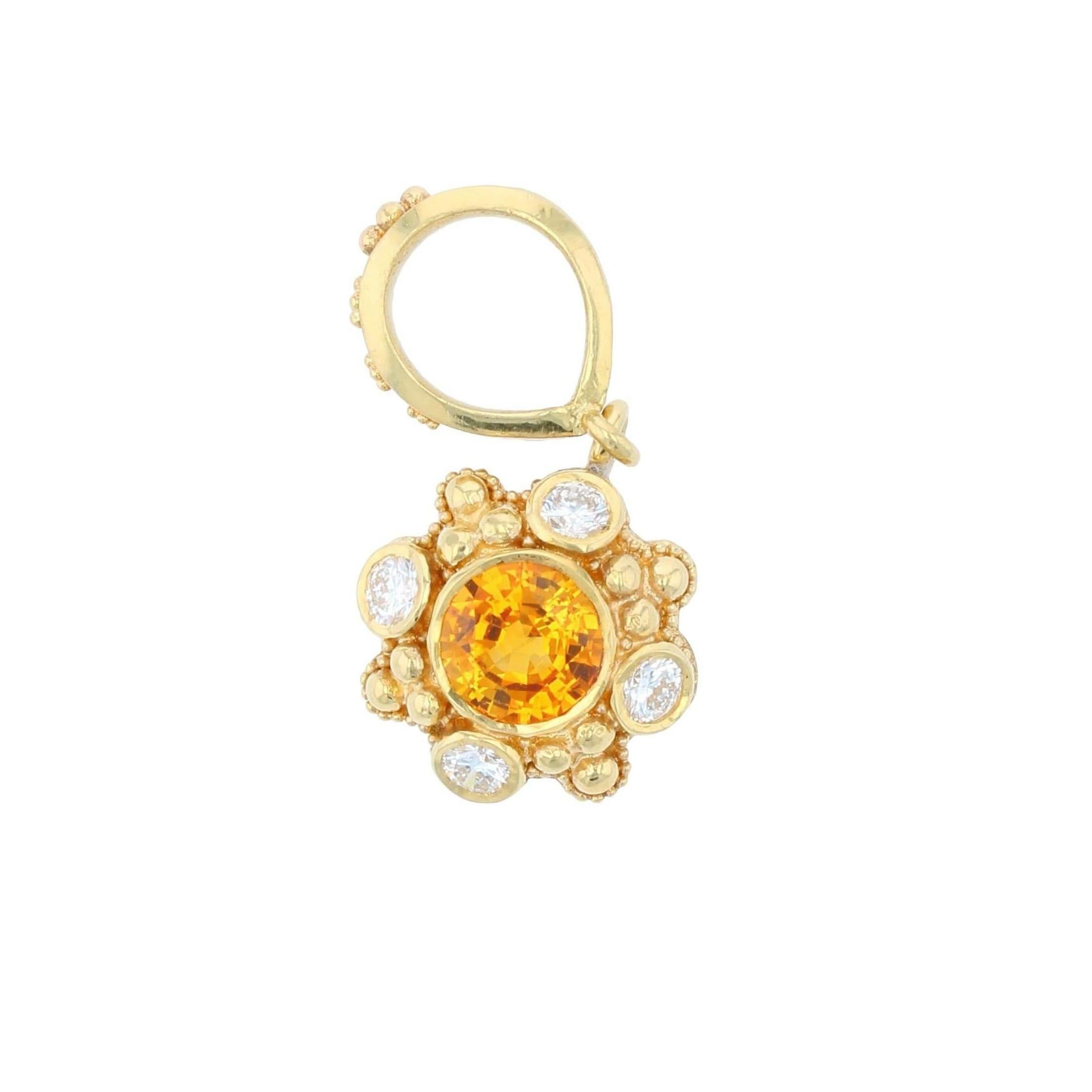Artisan Kent Raible 18K Gold Sapphire Pendant Necklace with Diamond and Gold Granulation