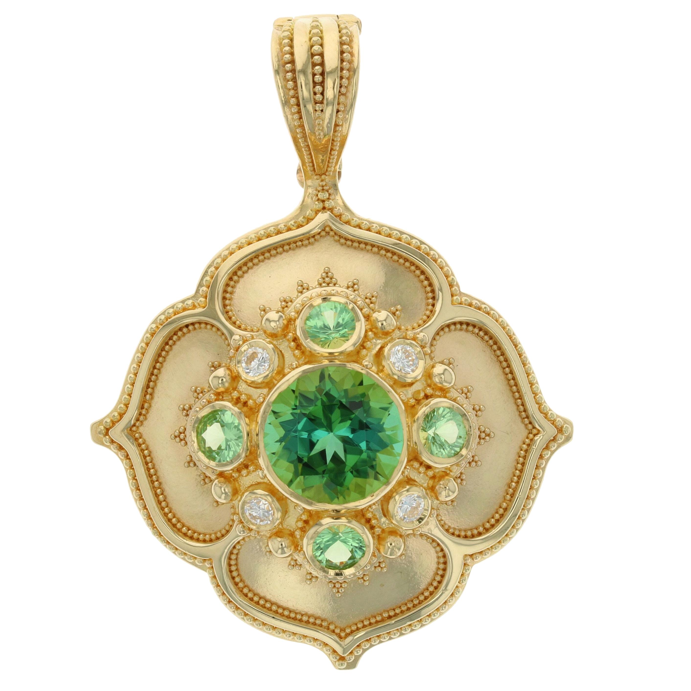 Kent Raible 18karat Gold Flower Pendant with Green Tourmaline, Garnet, Diamonds 