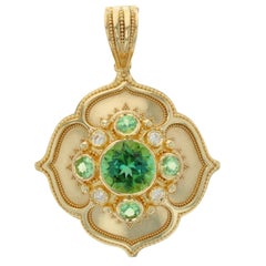 Kent Raible 18karat Gold Flower Pendant with Green Tourmaline, Garnet, Diamonds