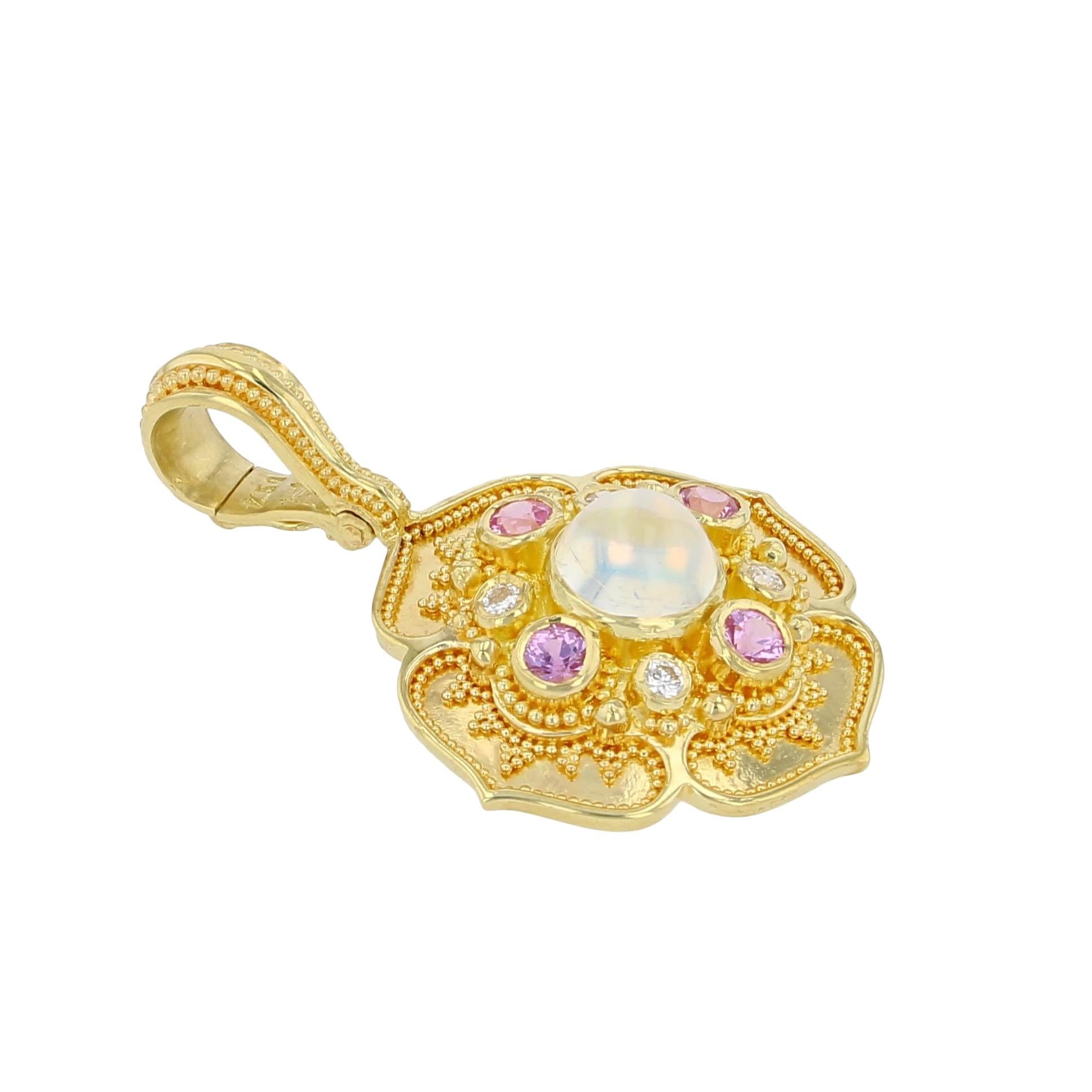 Artisan Kent Raible 18k Gold Rainbow Moonstone, Diamond, Pink Sapphire Flower Pendant