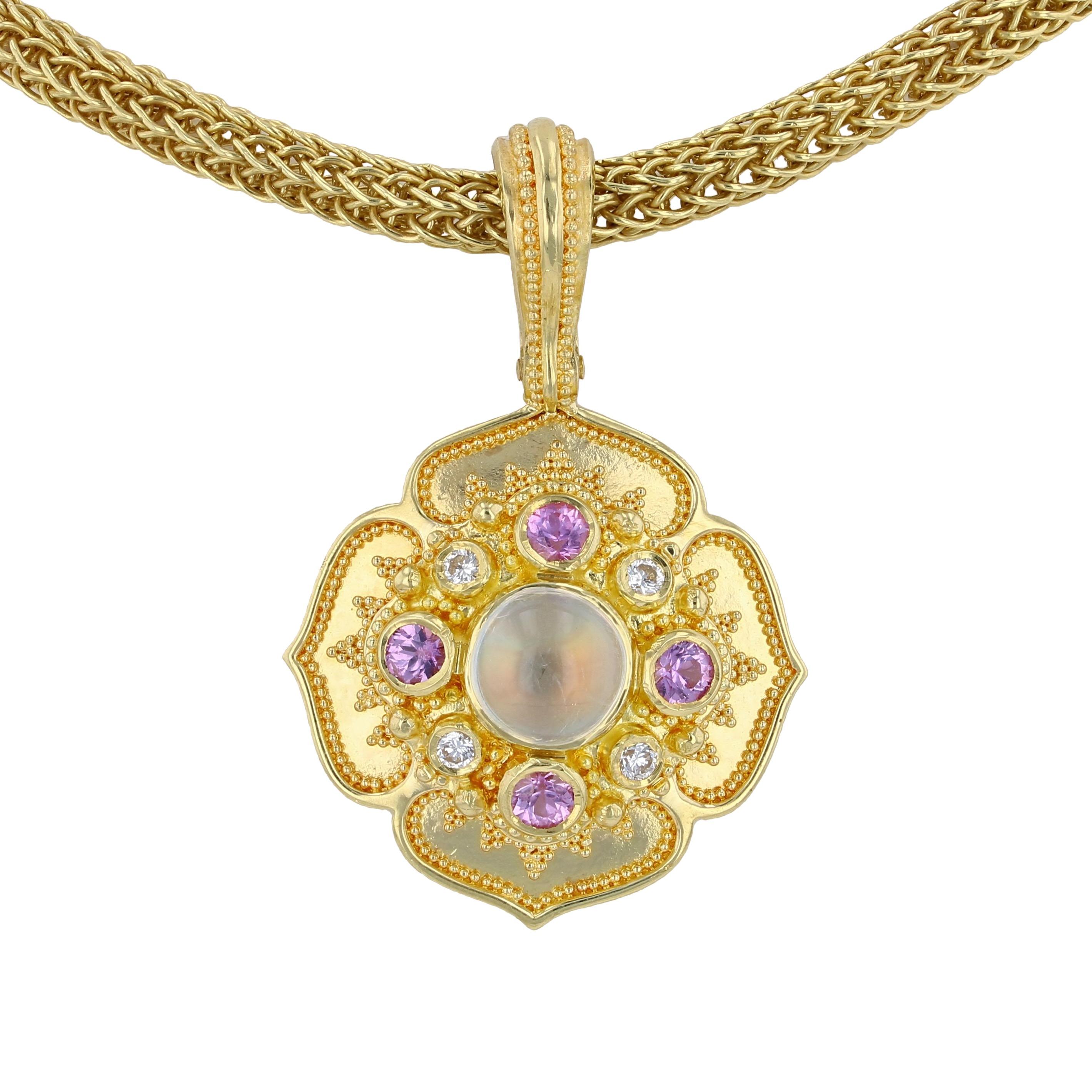 Kent Raible 18k Gold Rainbow Moonstone, Diamond, Pink Sapphire Flower Pendant 3