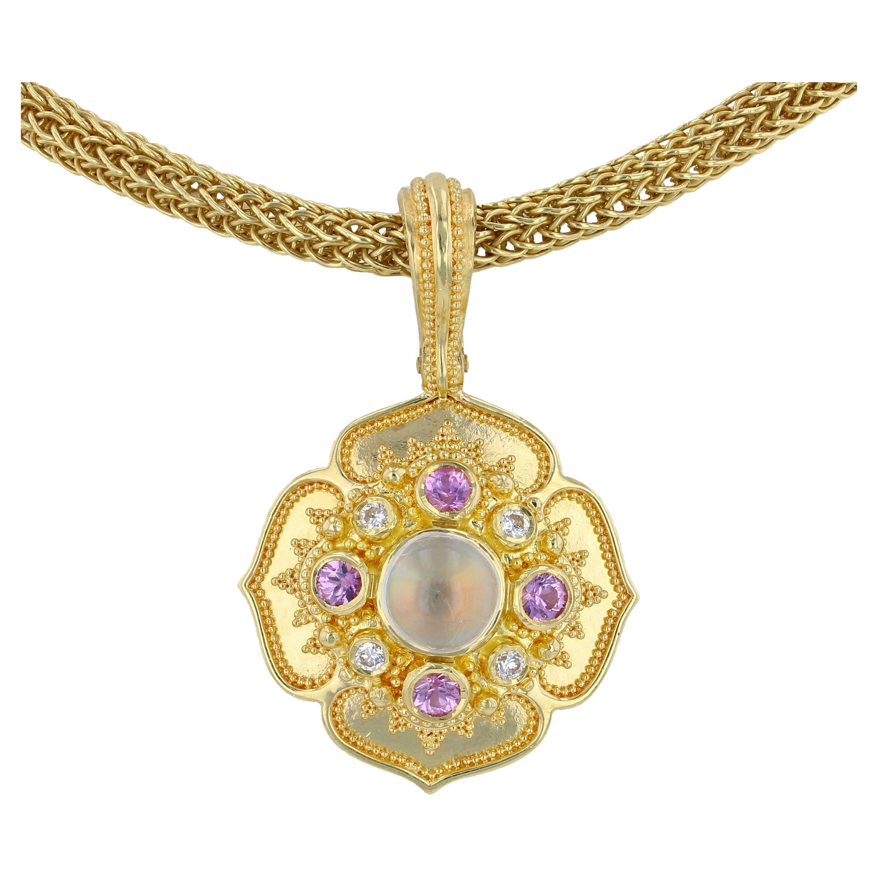 Kent Raible 18k Gold Rainbow Moonstone, Diamond, Pink Sapphire Flower Pendant