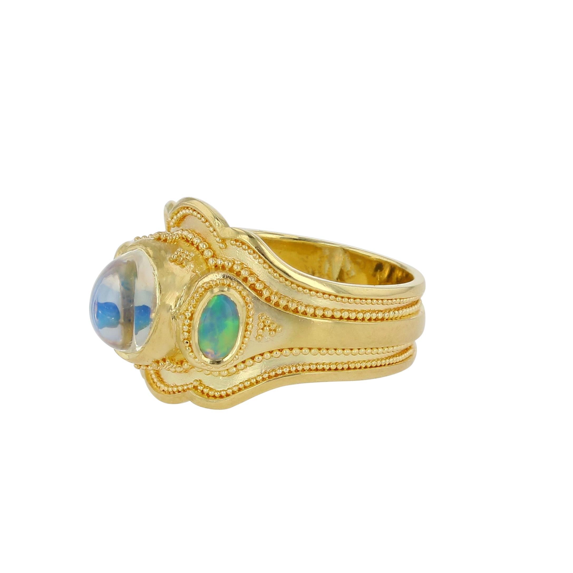 Artisan Kent Raible 18Karat Gold Cocktail Ring with Moonstone, Opals,  Fine Granulation For Sale