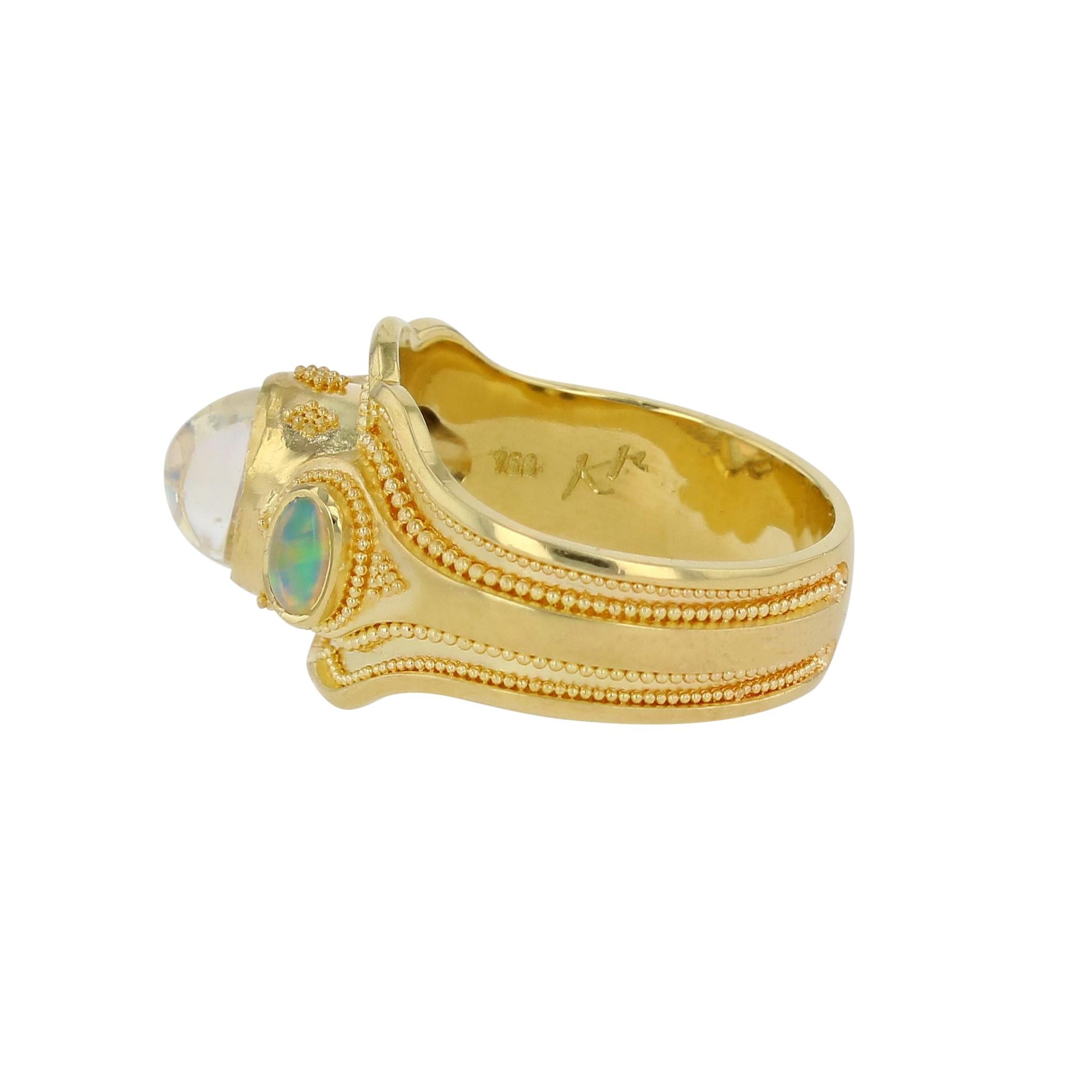 Women's or Men's Kent Raible 18Karat Gold Cocktail Ring with Moonstone, Opals,  Fine Granulation For Sale