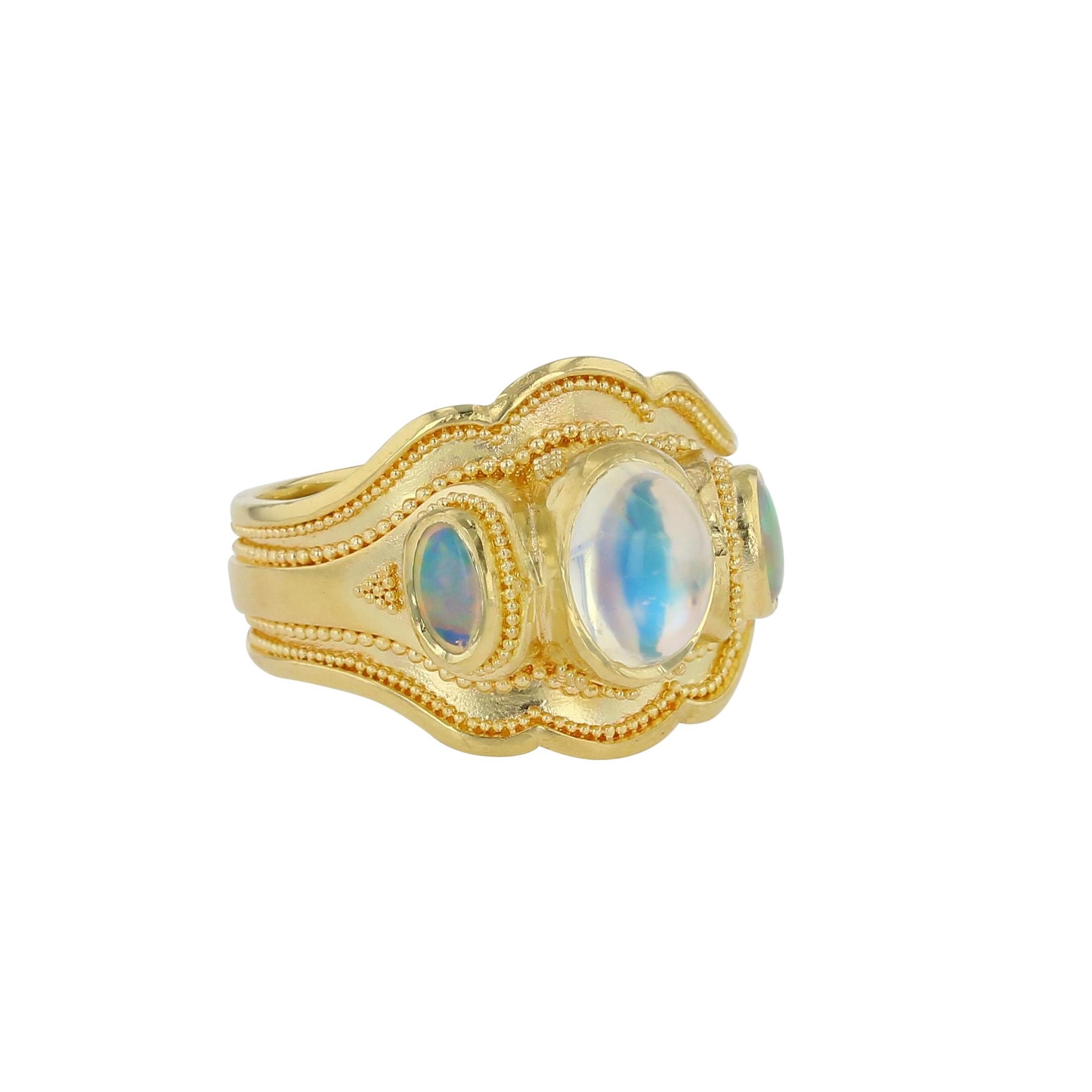 Kent Raible 18Karat Gold Cocktail Ring with Moonstone, Opals,  Fine Granulation For Sale 1