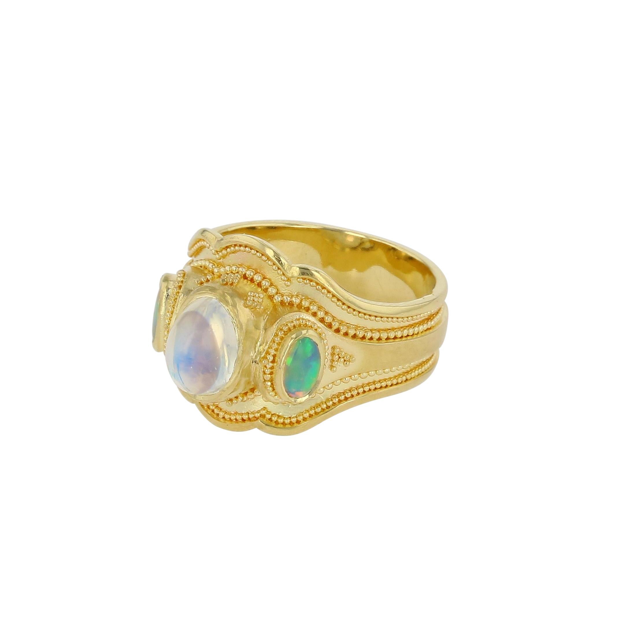 Kent Raible 18Karat Gold Cocktail Ring with Moonstone, Opals,  Fine Granulation For Sale 2