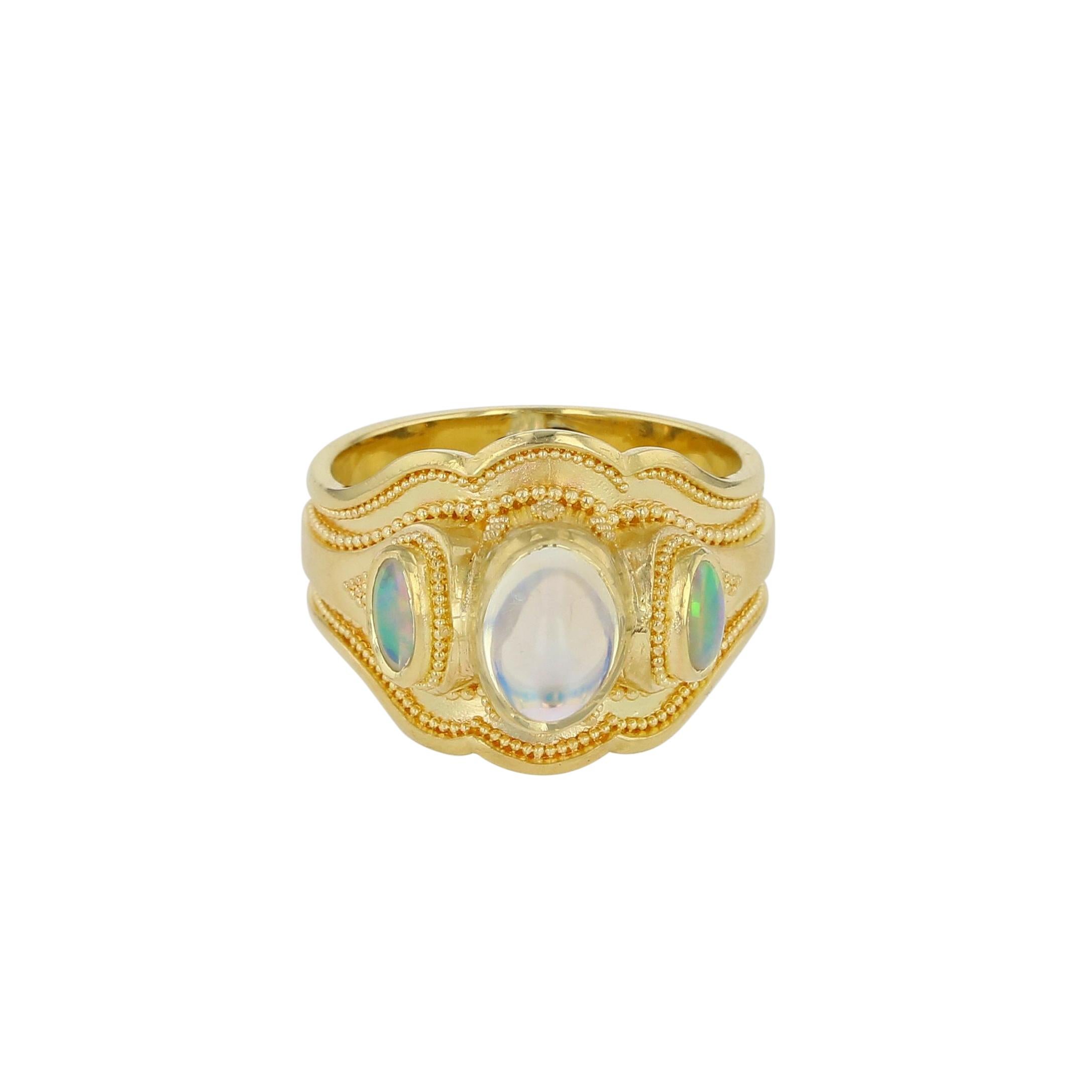 Kent Raible 18Karat Gold Cocktail Ring with Moonstone, Opals,  Fine Granulation For Sale 3