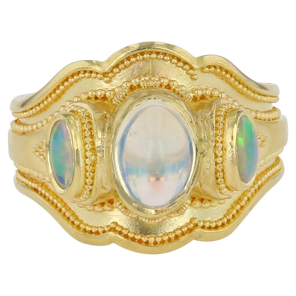 Kent Raible 18Karat Gold Cocktail Ring with Moonstone, Opals,  Fine Granulation For Sale