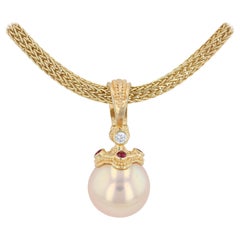 Kent Raible 18Karat Gold Diamond, Ruby and Edison Pearl Pendant with Granulation