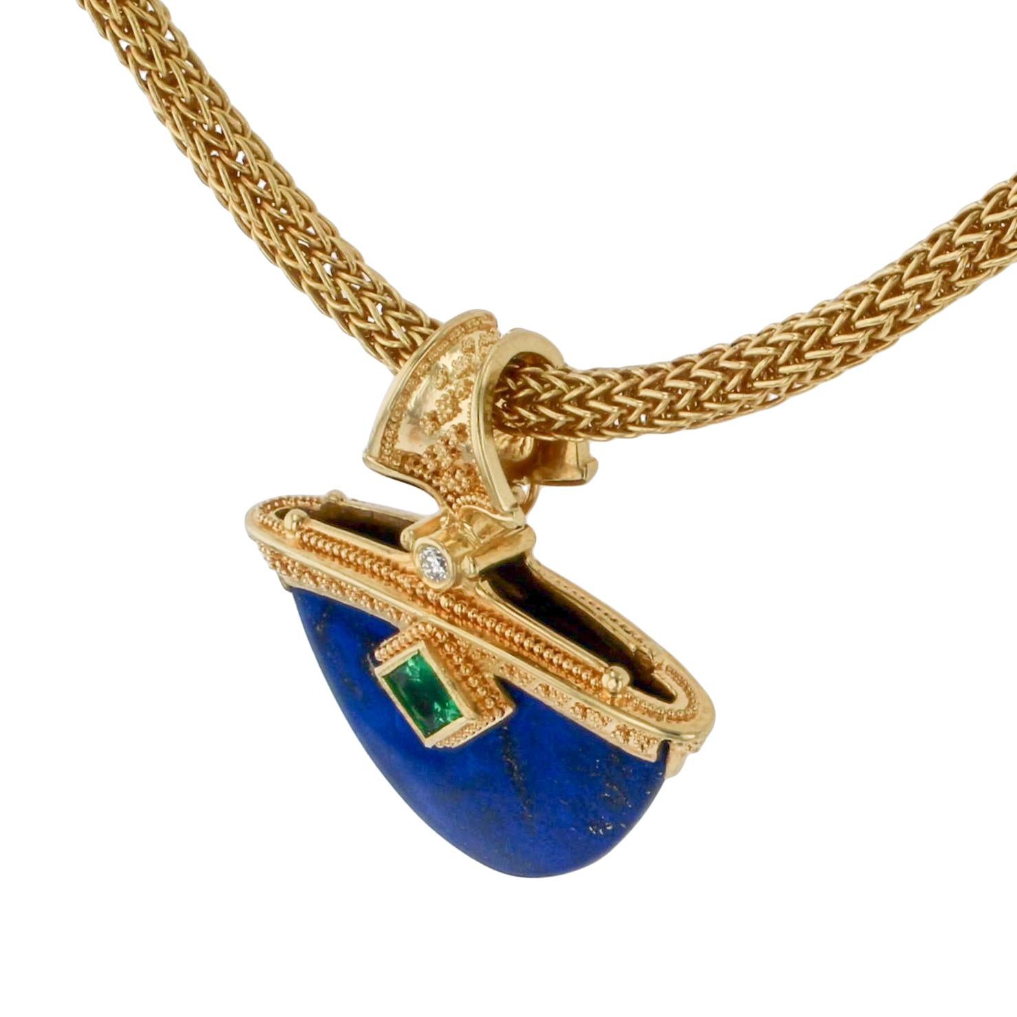 Mixed Cut Kent Raible 18 Karat Gold Lapis, Emerald, Diamond Necklace Enhancer, Granulation