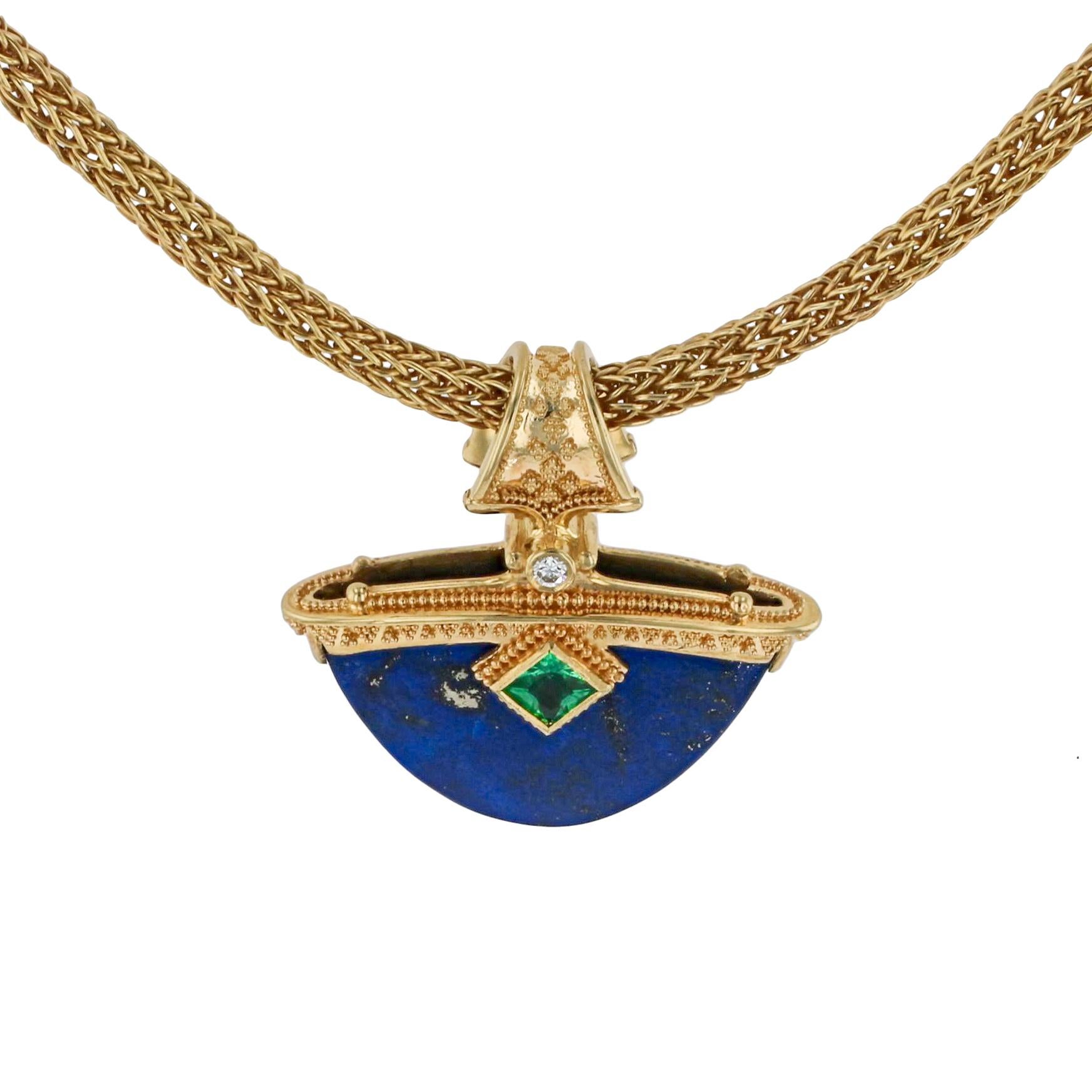 Kent Raible 18 Karat Gold Lapis, Emerald, Diamond Necklace Enhancer, Granulation In New Condition In Mossrock, WA