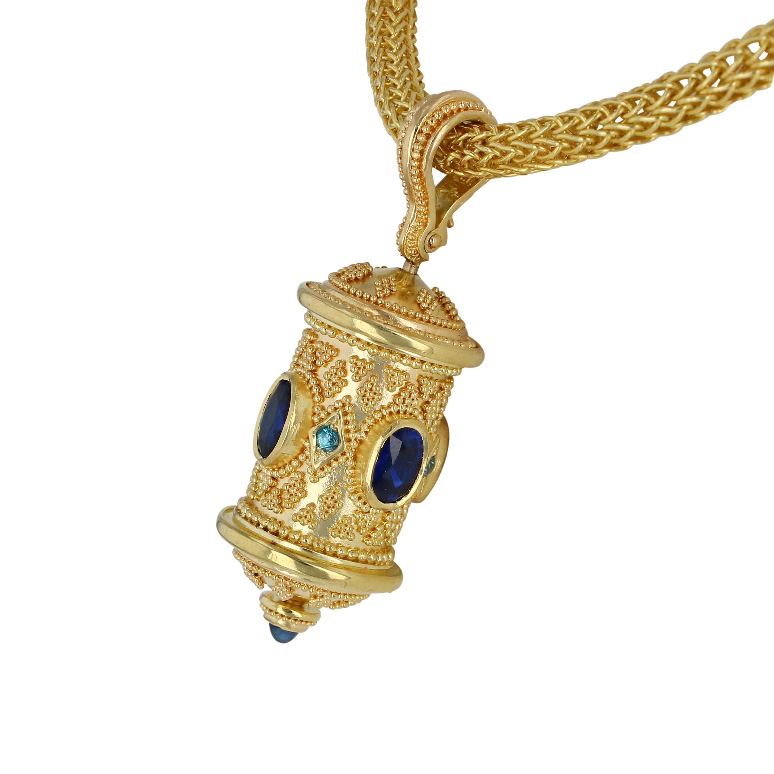 Artisan Kent Raible 18Karat Gold Sapphire Prayer Wheel Pendant Necklace with Granulation For Sale