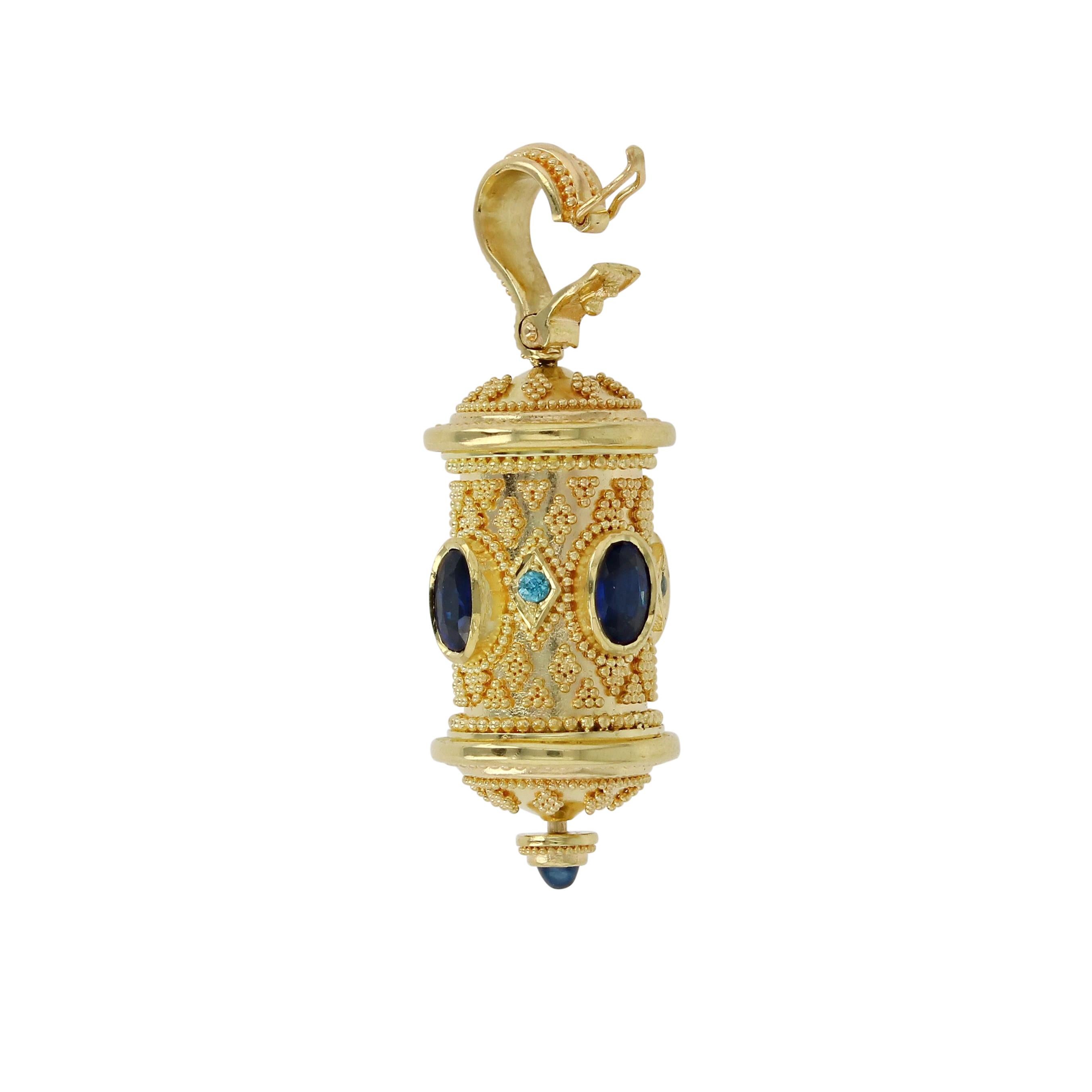 Mixed Cut Kent Raible 18Karat Gold Sapphire Prayer Wheel Pendant Necklace with Granulation For Sale