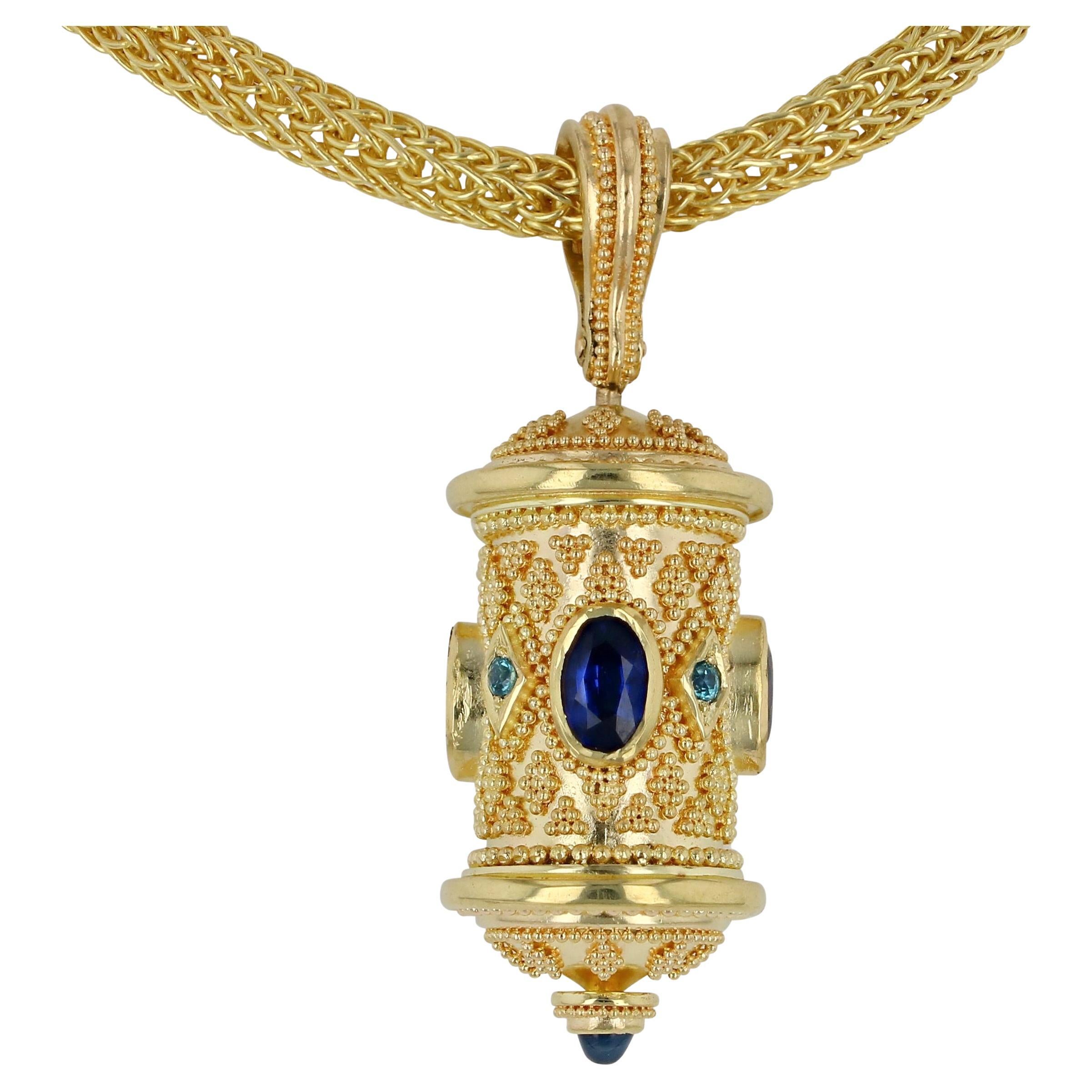 Kent Raible 18Karat Gold Sapphire Prayer Wheel Pendant Necklace with Granulation For Sale