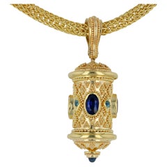 Kent Raible 18Karat Gold Sapphire Prayer Wheel Pendant Necklace with Granulation