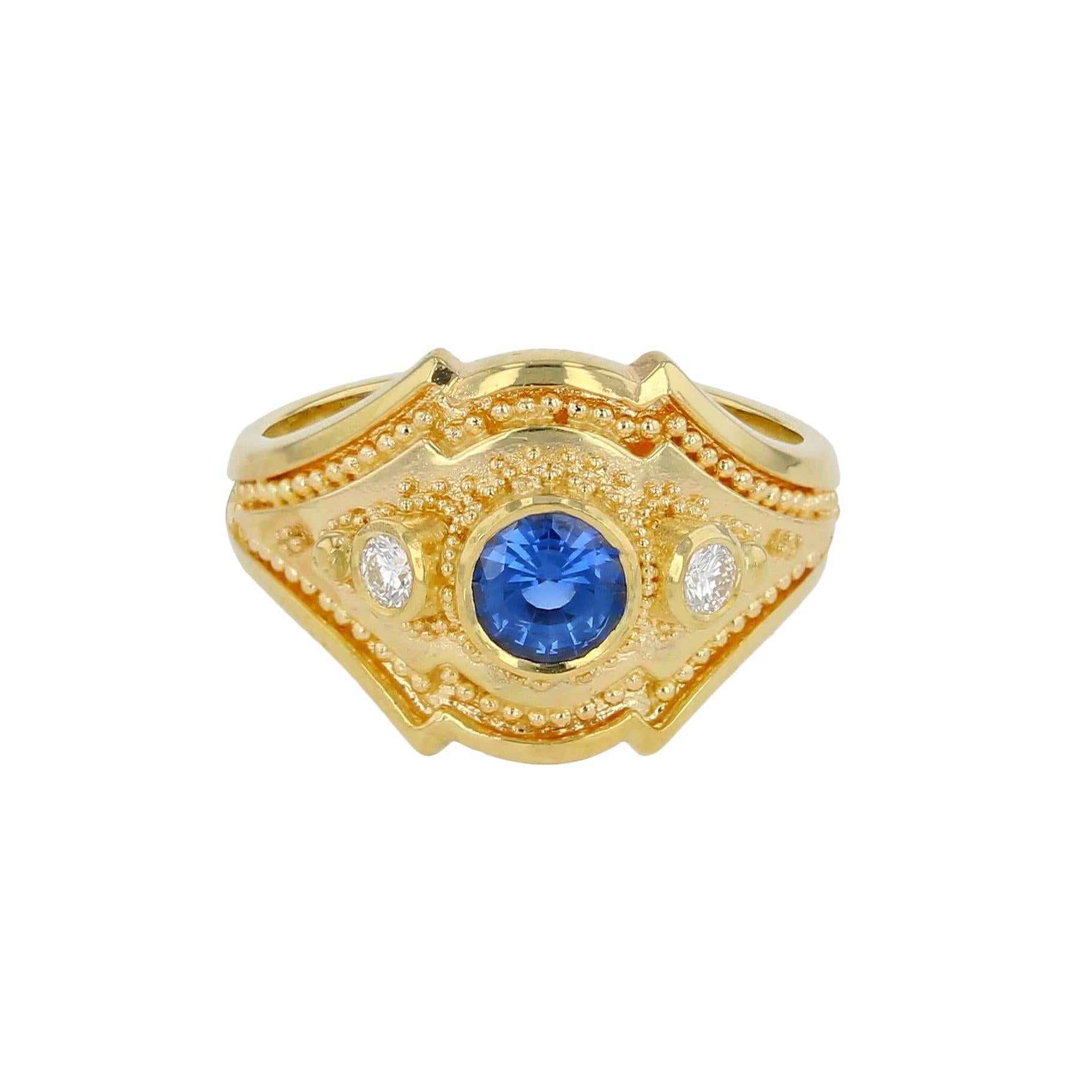 Kent Raible 18Karat Gold Three Stone Ring, Blue Sapphire, Diamonds, Granulation In New Condition For Sale In Mossrock, WA