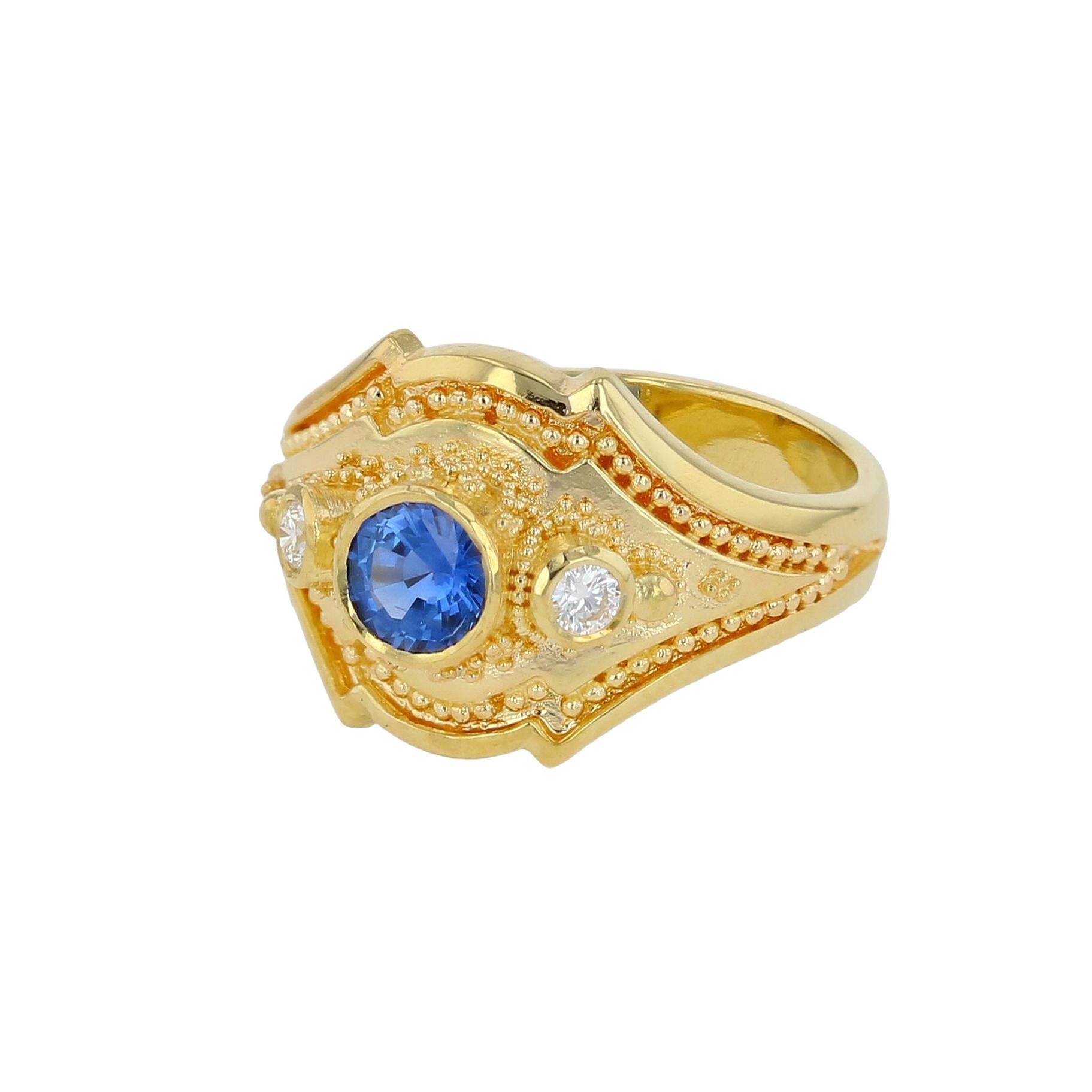 Women's or Men's Kent Raible 18Karat Gold Three Stone Ring, Blue Sapphire, Diamonds, Granulation For Sale