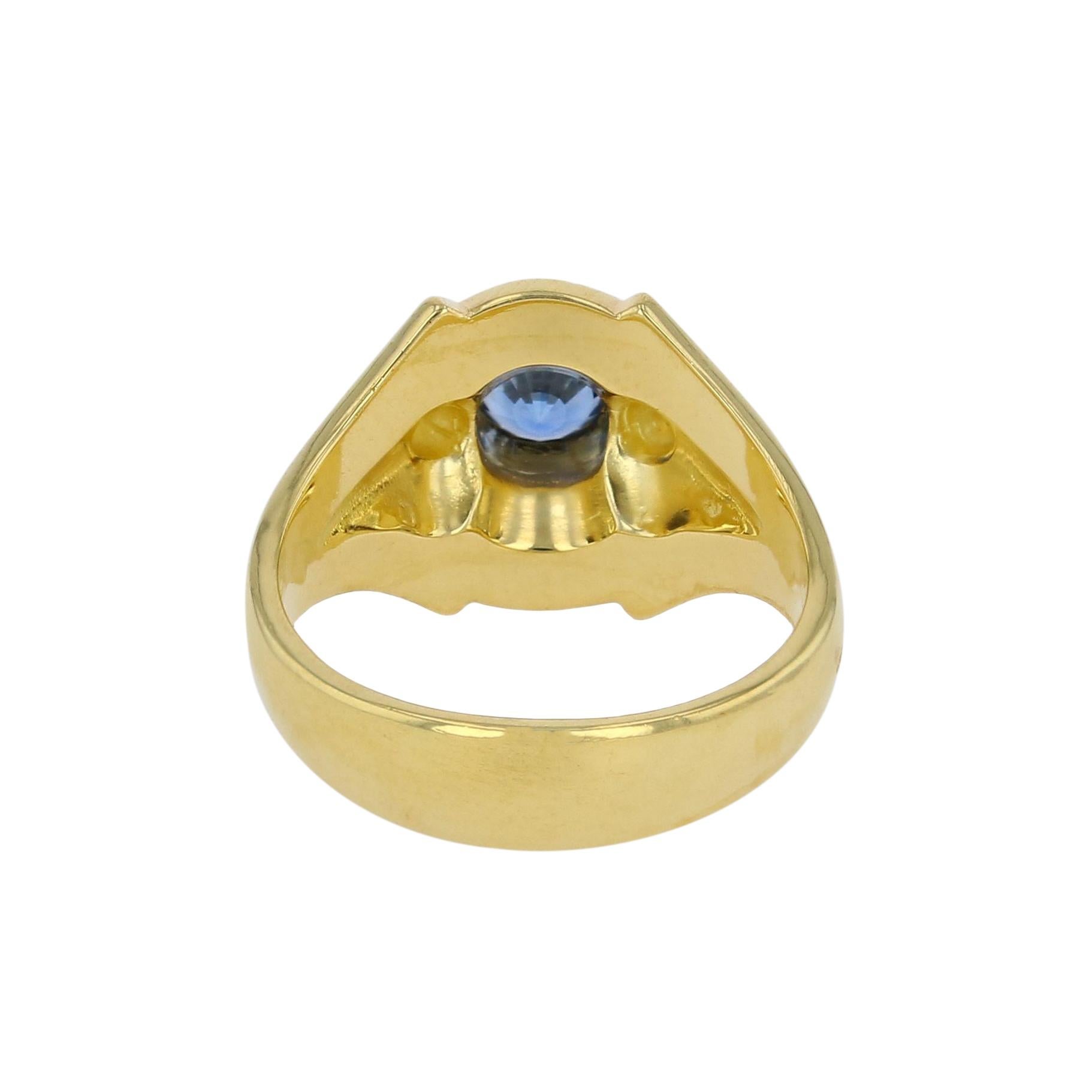 Kent Raible 18Karat Gold Three Stone Ring, Blue Sapphire, Diamonds, Granulation For Sale 1