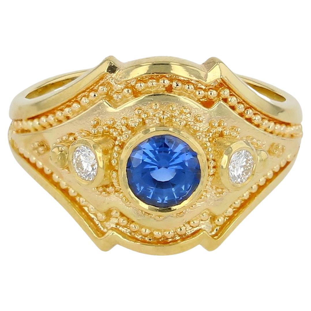 Kent Raible 18Karat Gold Three Stone Ring, Blue Sapphire, Diamonds, Granulation For Sale