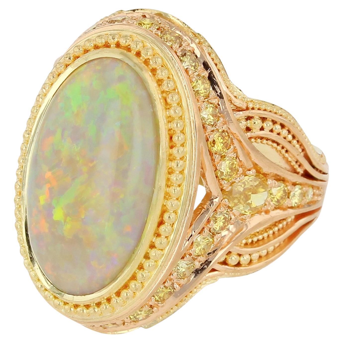Bague de cocktail en or 18k avec opale australienne de 4ct et diamant jaune du Kent Raible en vente