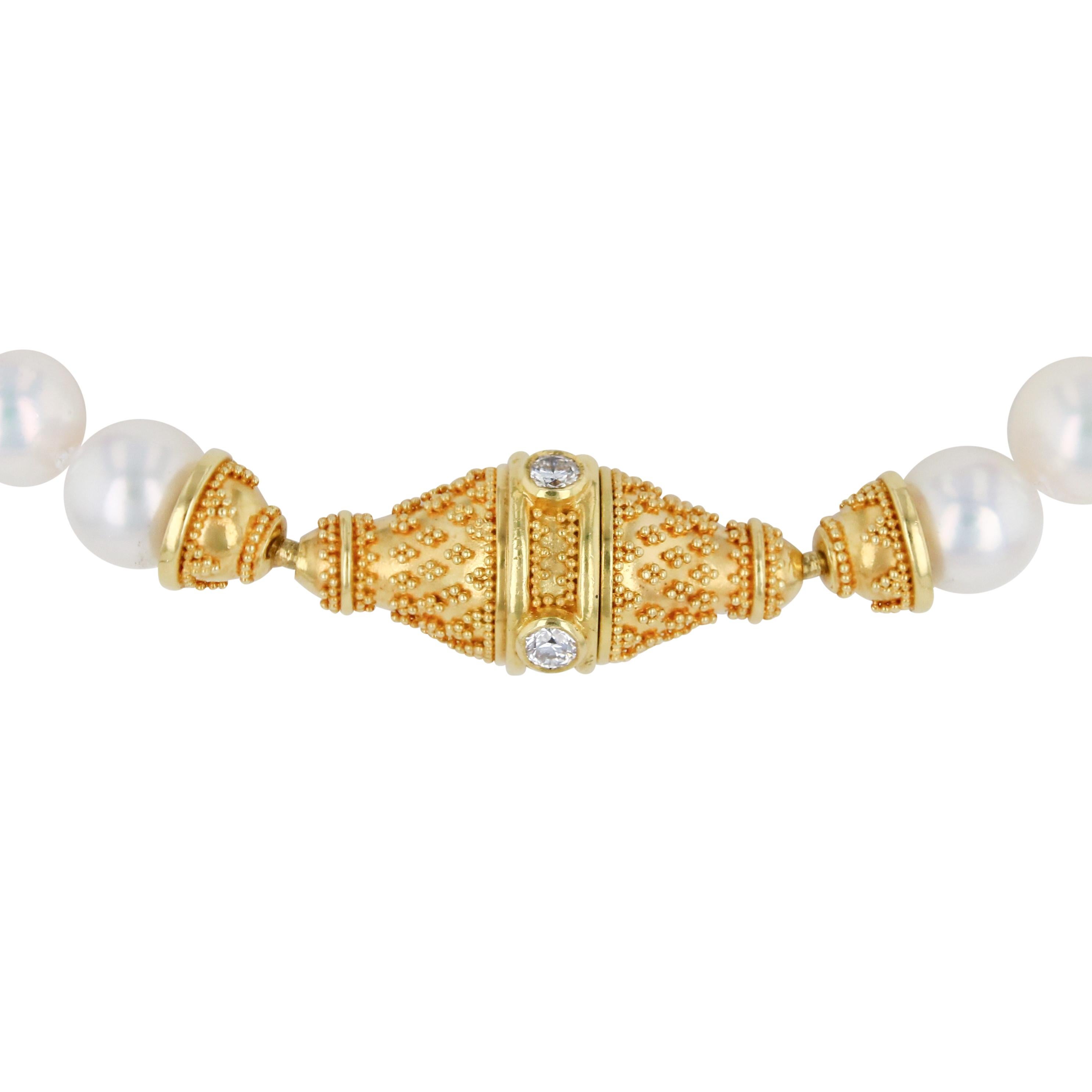 Mixed Cut Kent Raible Akoya Pearl Necklace, 18 K Gold and Diamond clasp with Granulation For Sale