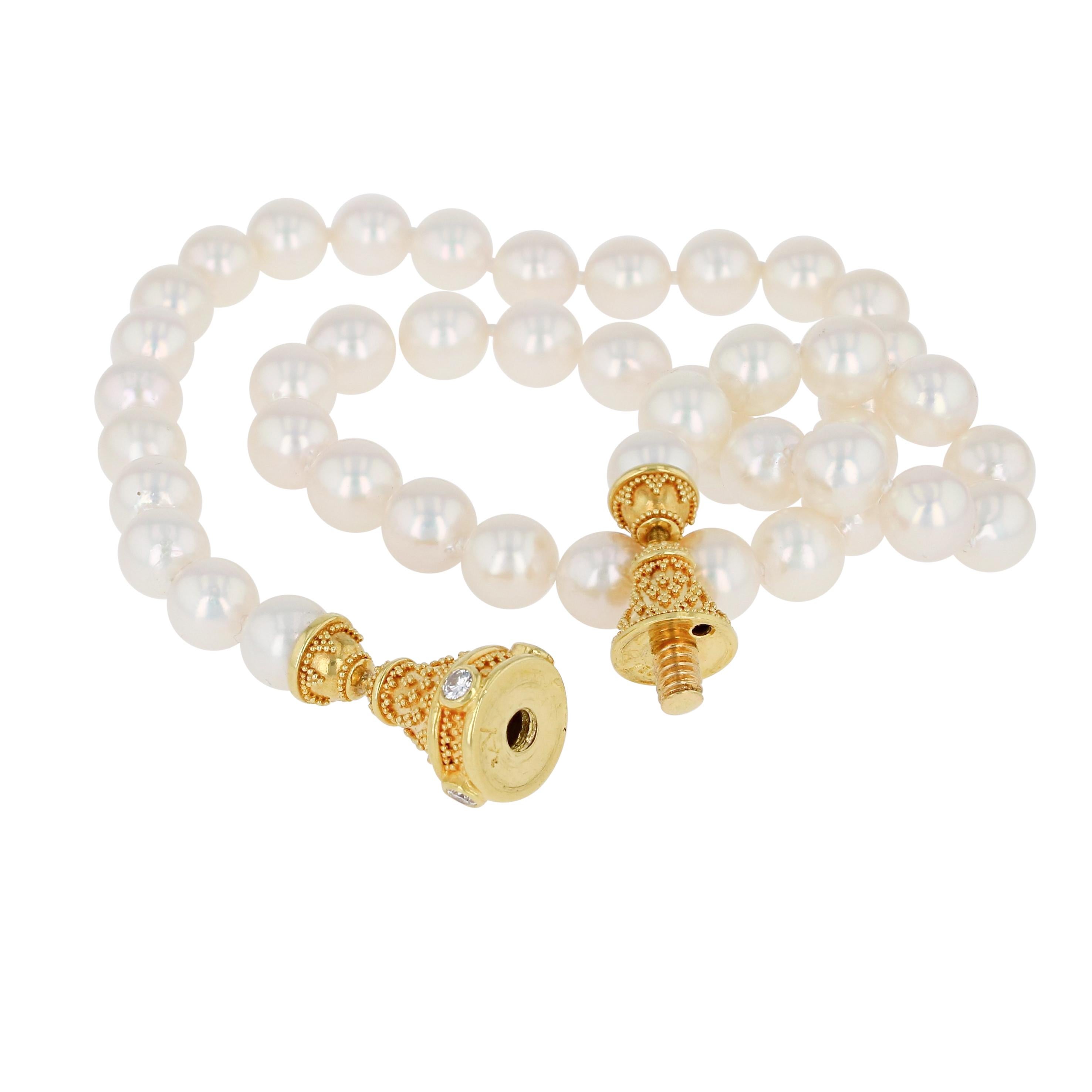 Women's or Men's Kent Raible Akoya Pearl Necklace, 18 K Gold and Diamond clasp with Granulation For Sale