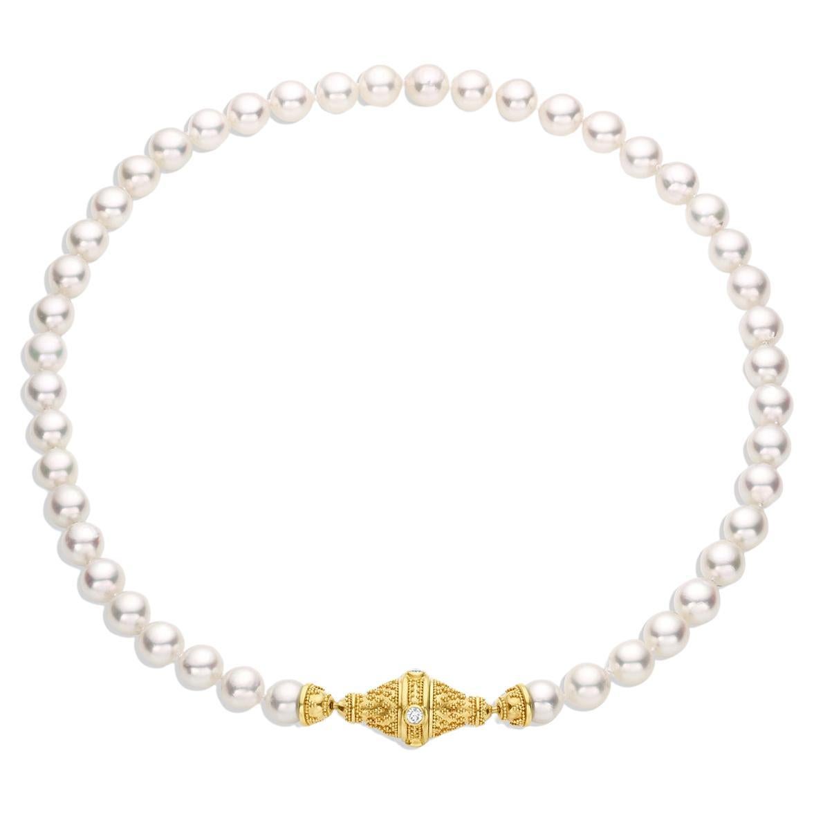 Kent Raible Akoya Pearl Necklace, 18 K Gold and Diamond clasp with Granulation For Sale