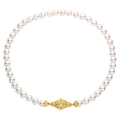 Kent Raible Akoya Pearl Necklace, 18 K Gold and Diamond clasp with Granulation
