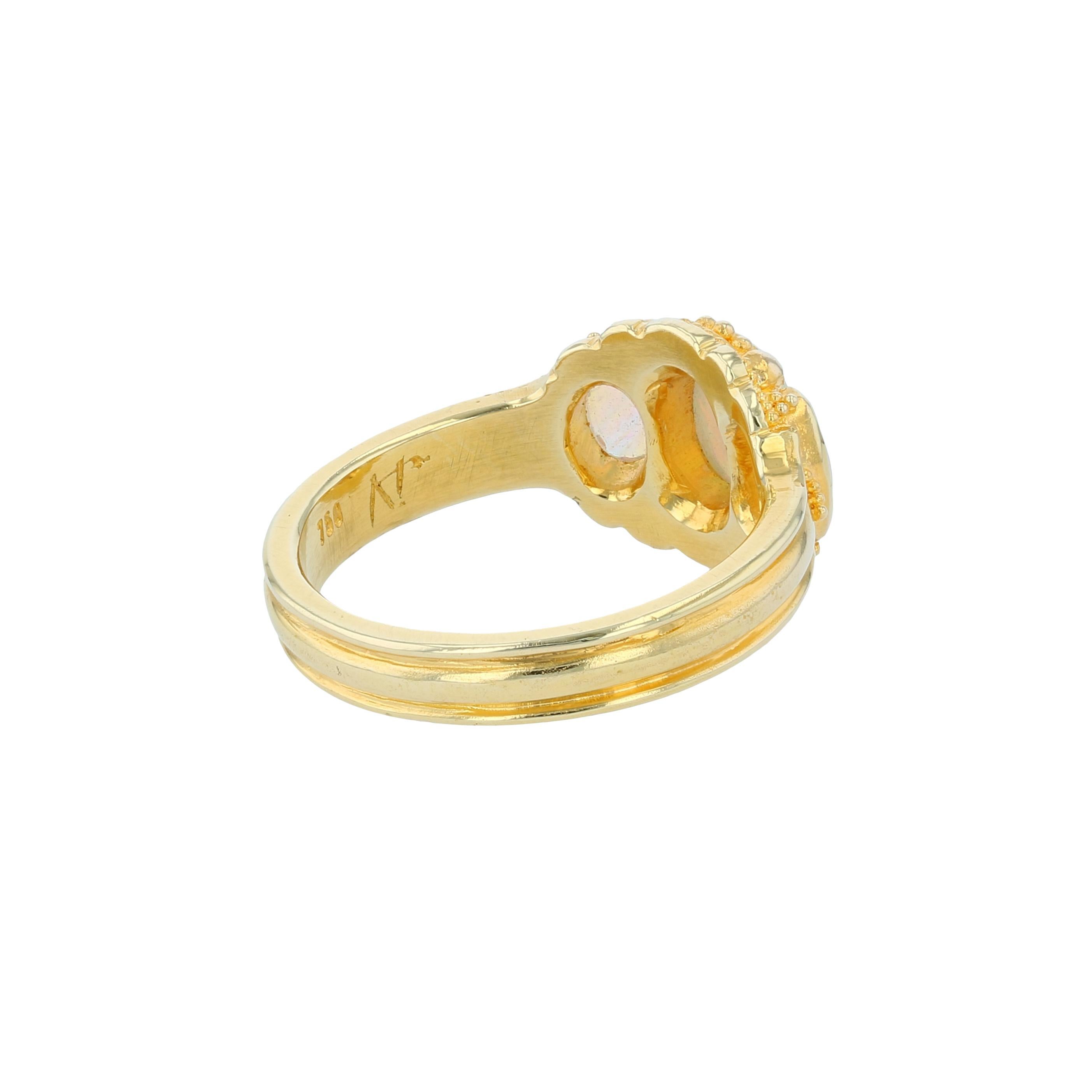 Contemporary Kent Raible Australian Fire Opal Three-Stone Ring with Fine 18k Gold Granulation