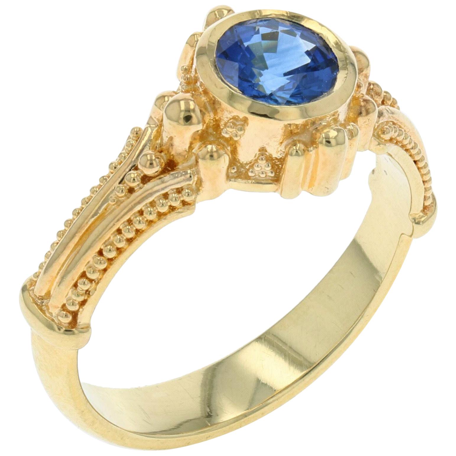 Kent Raible Blue Sapphire 18 Karat Gold Solitaire Ring with Granulation