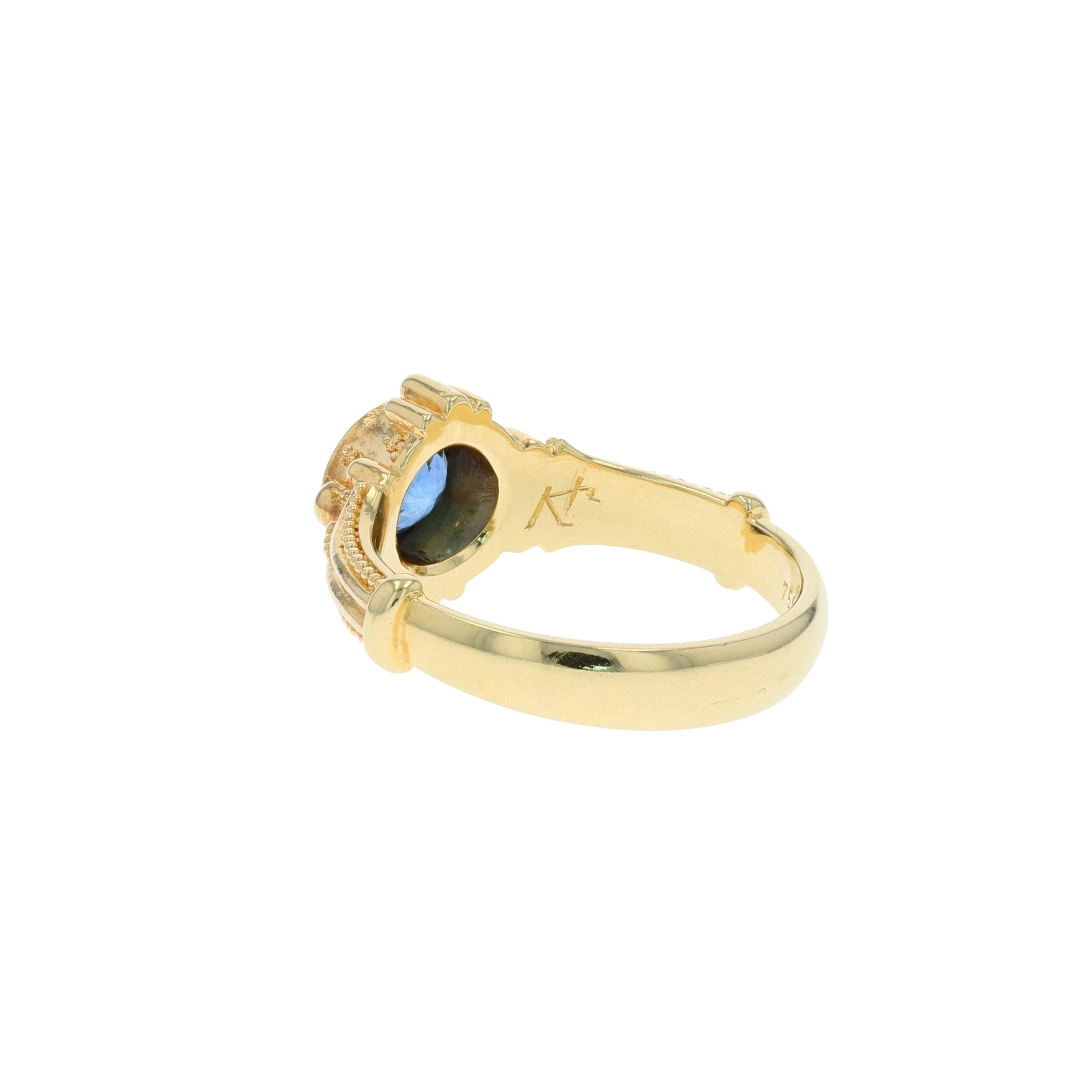 Artisan Kent Raible Blue Sapphire 18 Karat Gold Solitaire Ring with Granulation