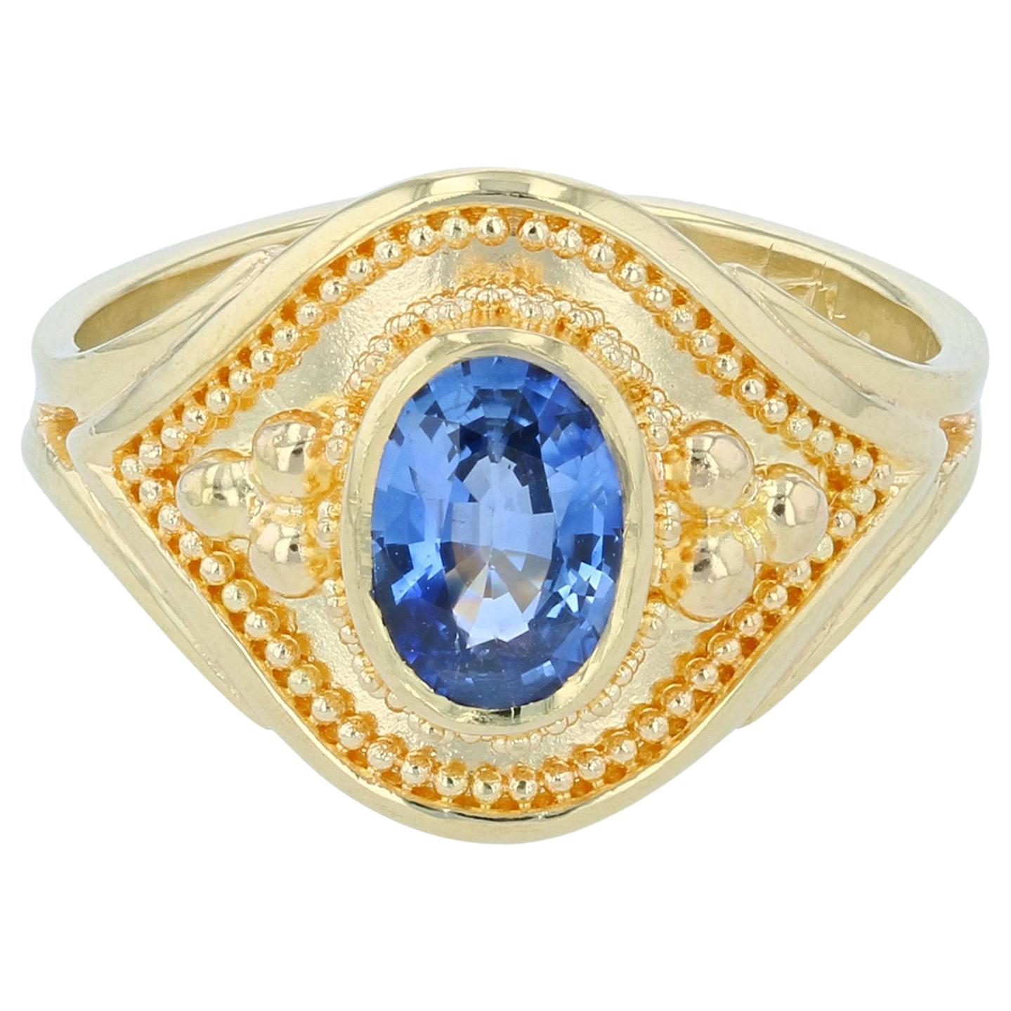 Kent Raible Blue Sapphire Solitaire Ring with 18 Karat Gold Granulation