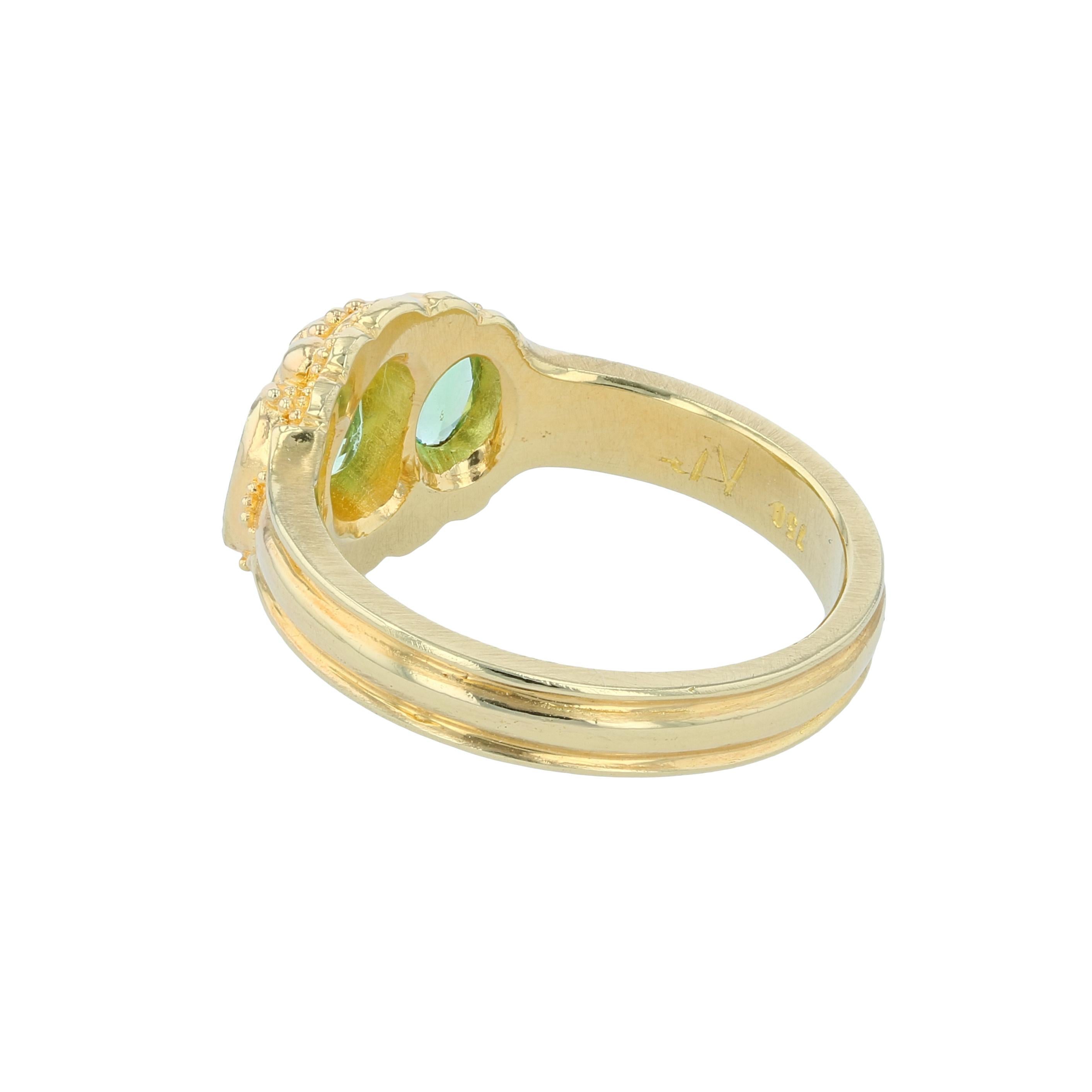 Contemporary Kent Raible Bright Green Garnet Three-Stone Ring with Fine 18k Gold Granulation