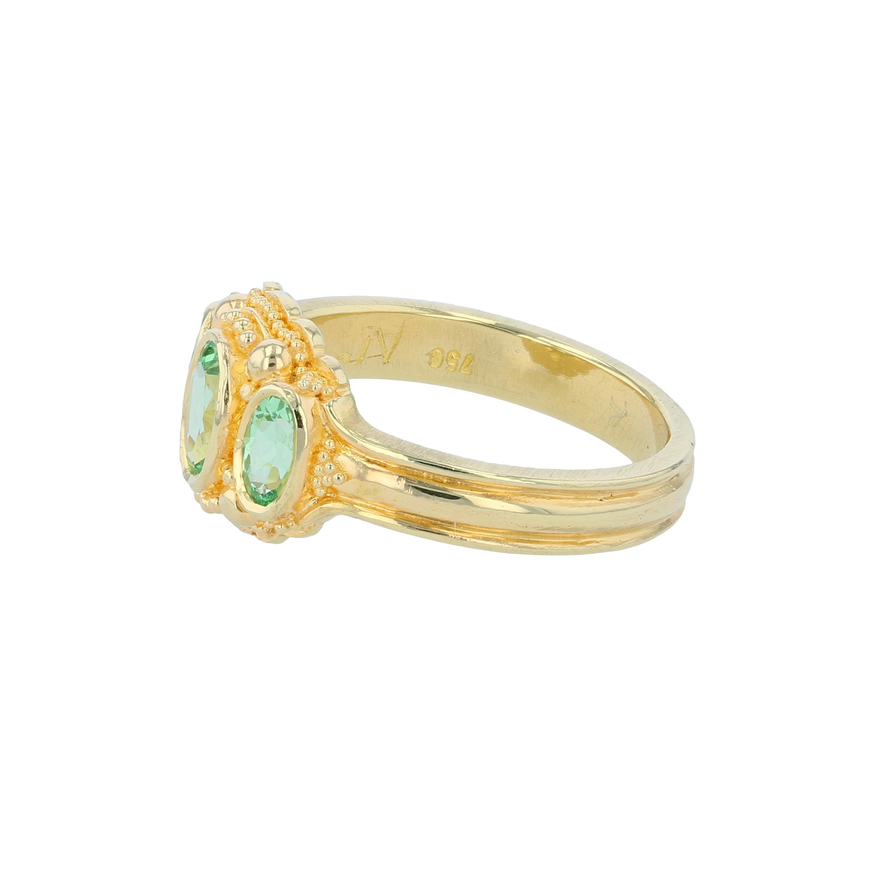 Oval Cut Kent Raible Bright Green Garnet Three-Stone Ring with Fine 18k Gold Granulation