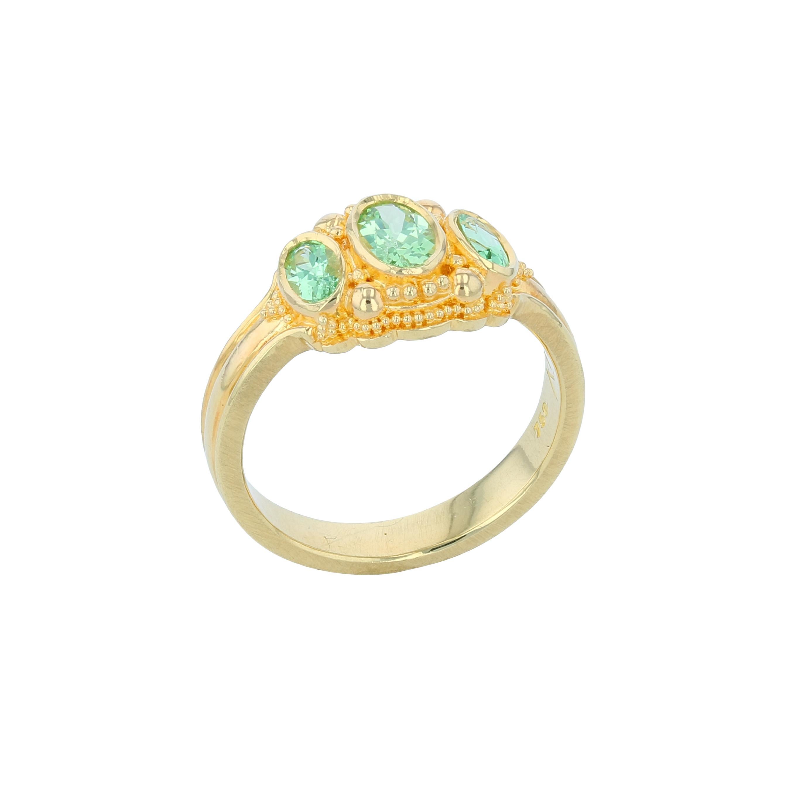 Women's or Men's Kent Raible Bright Green Garnet Three-Stone Ring with Fine 18k Gold Granulation