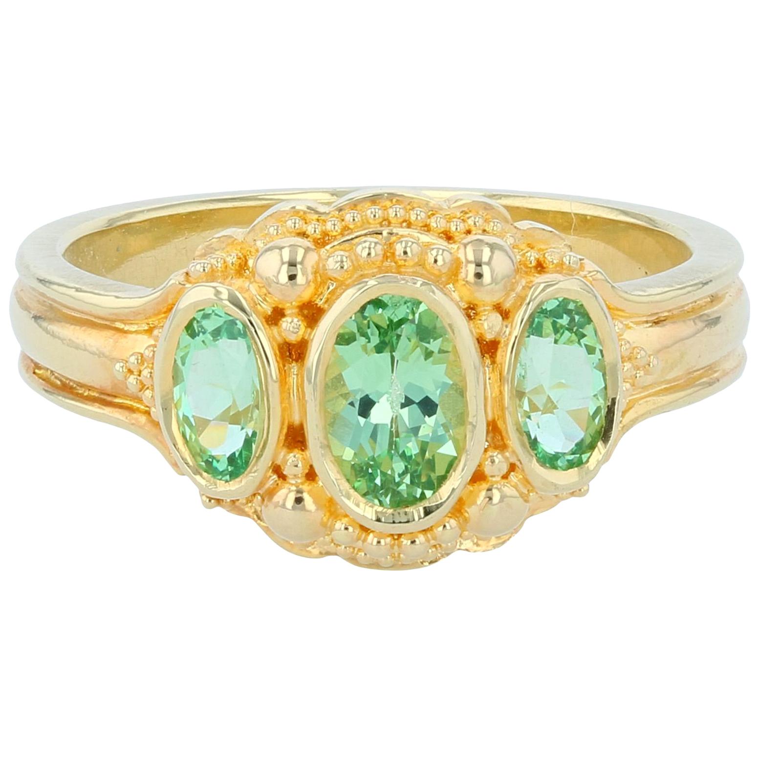Kent Raible Bright Green Garnet Three-Stone Ring with Fine 18k Gold Granulation