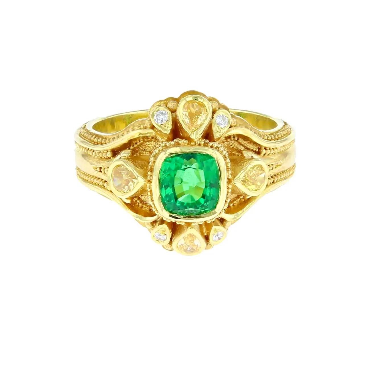 Mixed Cut Kent Raible Chrome Tourmaline and Yellow Diamond Cluster Ring For Sale